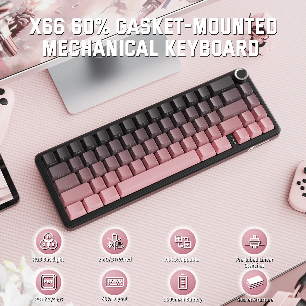 ATTACK SHARK X66 60% Wireless Gasket Mechanical Keyboard With Volume Knob, Tri-Mode BT/2.4G/USB-C, Hot-Swappable Strawberry Switches, RGB PBT Keycaps | Blackberry