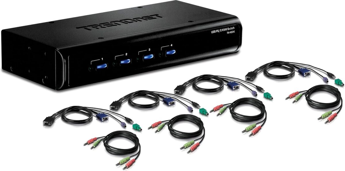 TRENDnet 4-Port USB PS/2 Audio KVM Switch Kit With VGA Support Up To 2048×1536, Independent Audio Switching, Manage 4 Computer, Hot Keys, 2-Way Audio, And Complete Cable Set | TK-423K 
