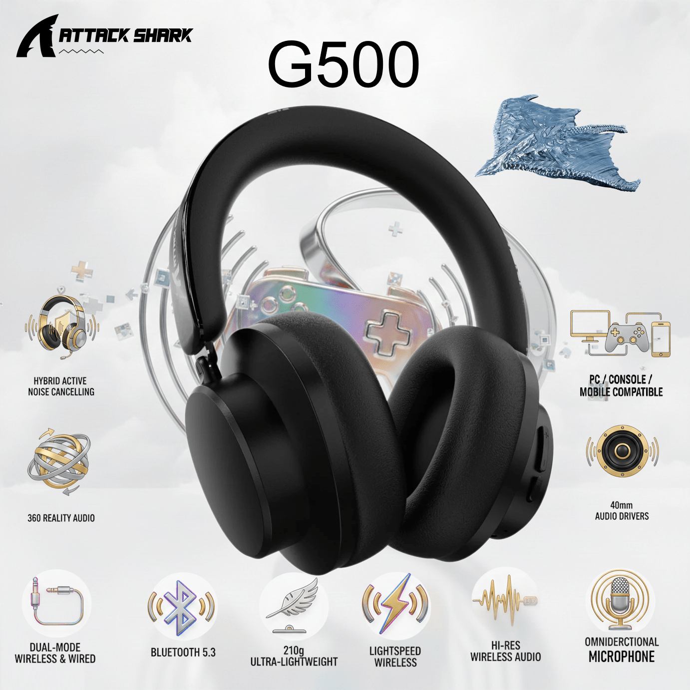 ATTACK SHARK G500 Ultra-Light Dual-Mode Gaming Headset With Bluetooth 5.3, 3.5mm Wired Connection, 210g Design, Hybrid Noise Cancelling, 40mm Drivers, Omnidirectional Mic | BLACK 