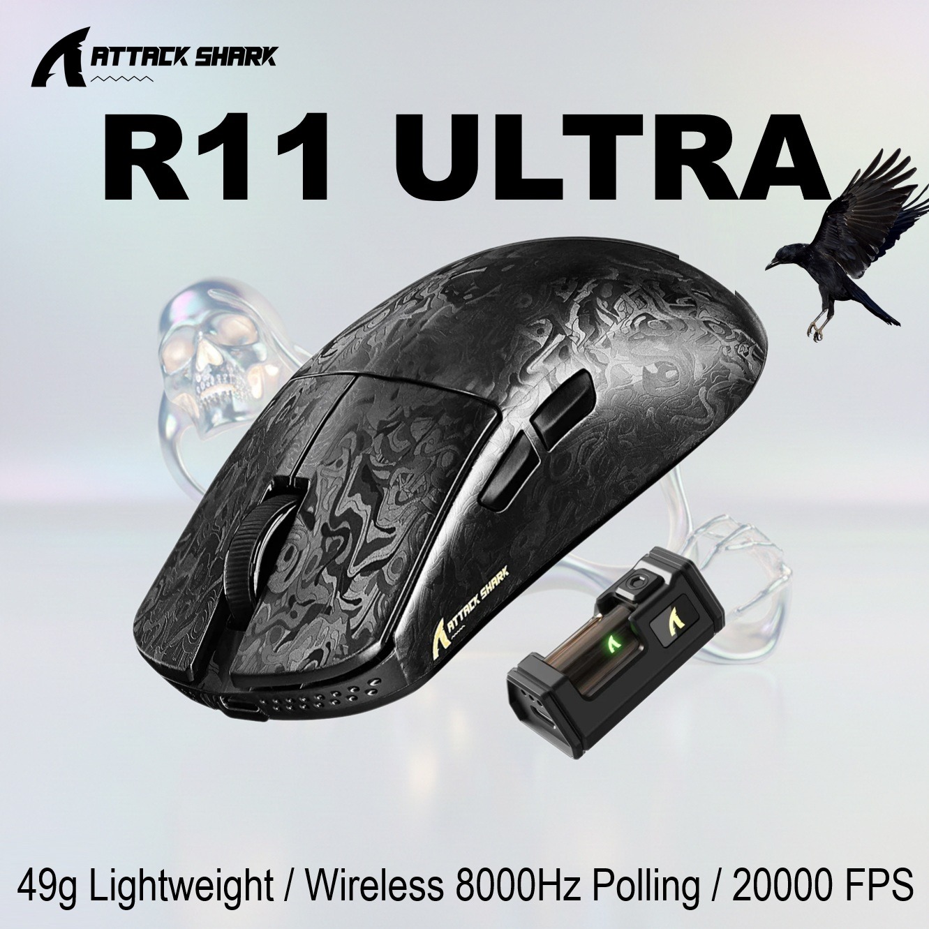 ATTACK SHARK R11 ULTRA Carbon Fiber Wireless Gaming Mouse With 49g Superlight Design, PAW3950MAX Sensor, Nordic 52840 MCU, 8000Hz Polling Rate, And Tri-Mode Connectivity | Forged Black