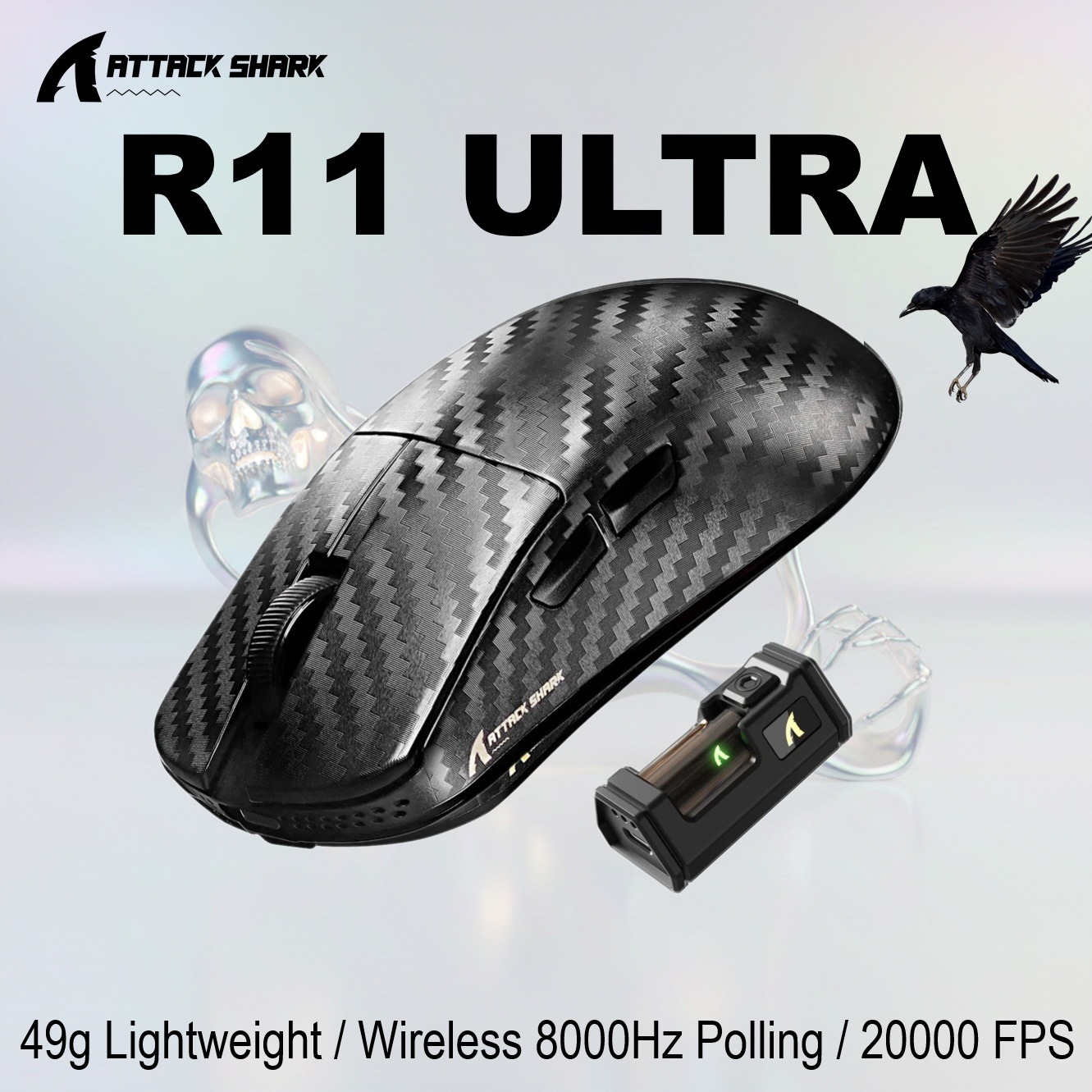 ATTACK SHARK R11 ULTRA Carbon Fiber Wireless Gaming Mouse With 49g Superlight Design, PAW3950MAX Sensor, Nordic 52840 MCU, 8000Hz Polling Rate, And Tri-Mode Connectivity | Weave Black