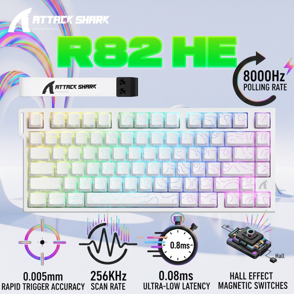 ATTACK SHARK R82 HE 75% Wired Magnetic Gaming Keyboard With 8000Hz Polling Rate, 0.005mm Rapid Trigger Accuracy, 256KHz Scan Rate, 5-Layer Sound Damping, And RGB Backlight | White Contour