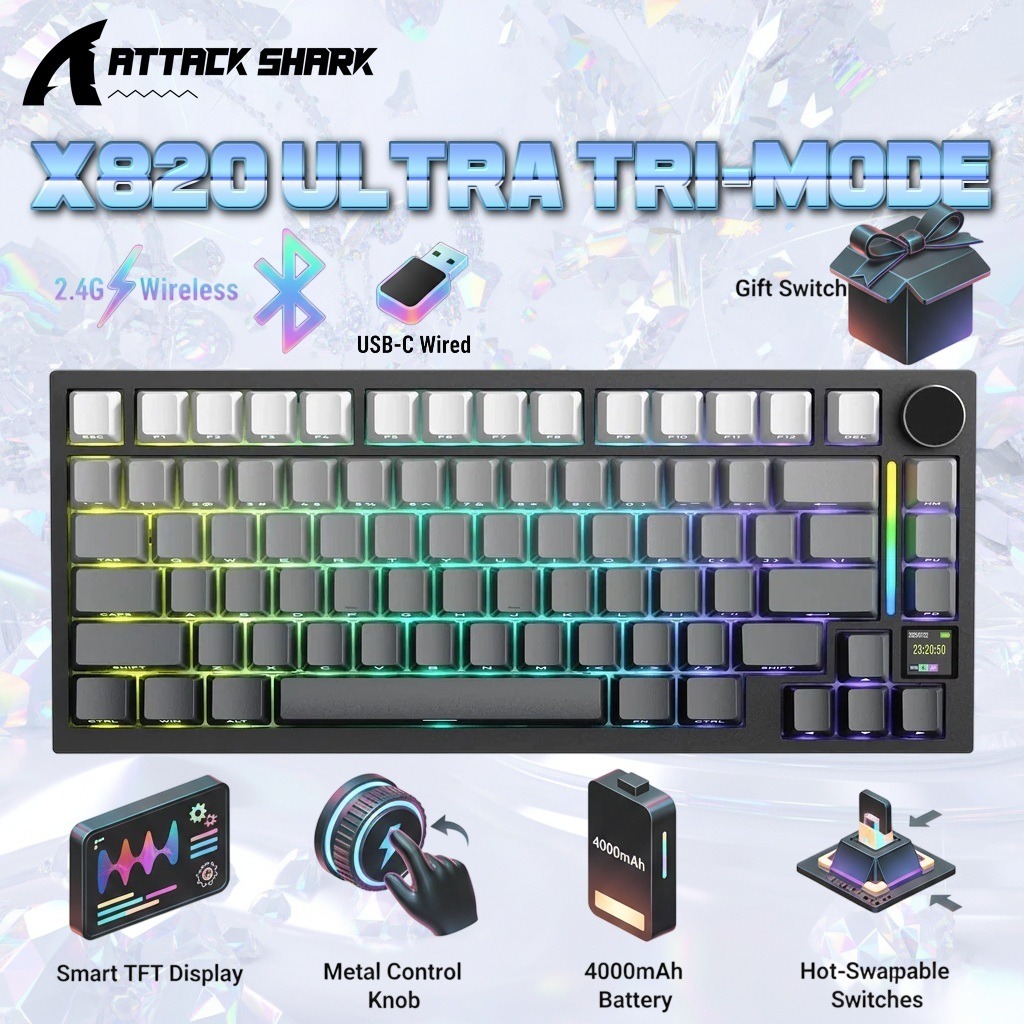 ATTACK SHARK X820 Ultra 75% Tri-Mode Gasket Mechanical Keyboard With Smart TFT Display, Metal Knob, Hot-Swappable Linear "GIFT" Switches, 4000mAh Battery, And RGB Backlight | Moonlit Night