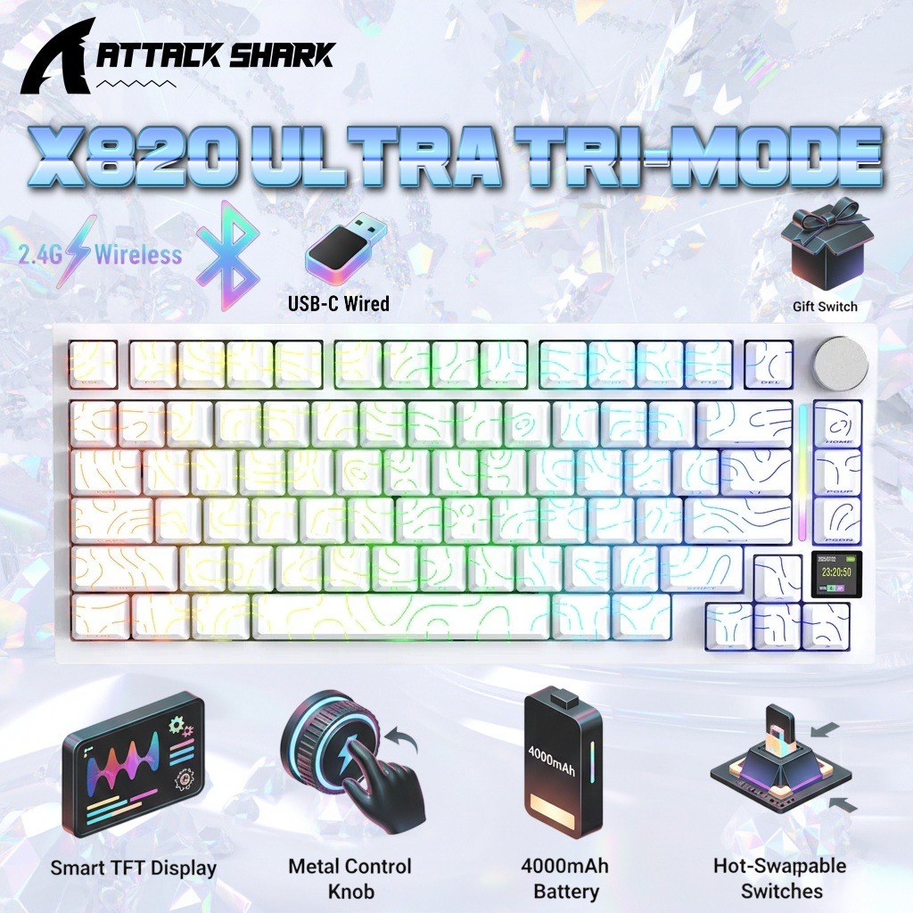 ATTACK SHARK X820 Ultra 75% Tri-Mode Gasket Mechanical Keyboard With Smart TFT Display, Metal Knob, Hot-Swappable Linear "GIFT" Switches, 4000mAh Battery, And RGB Backlight | White Contour