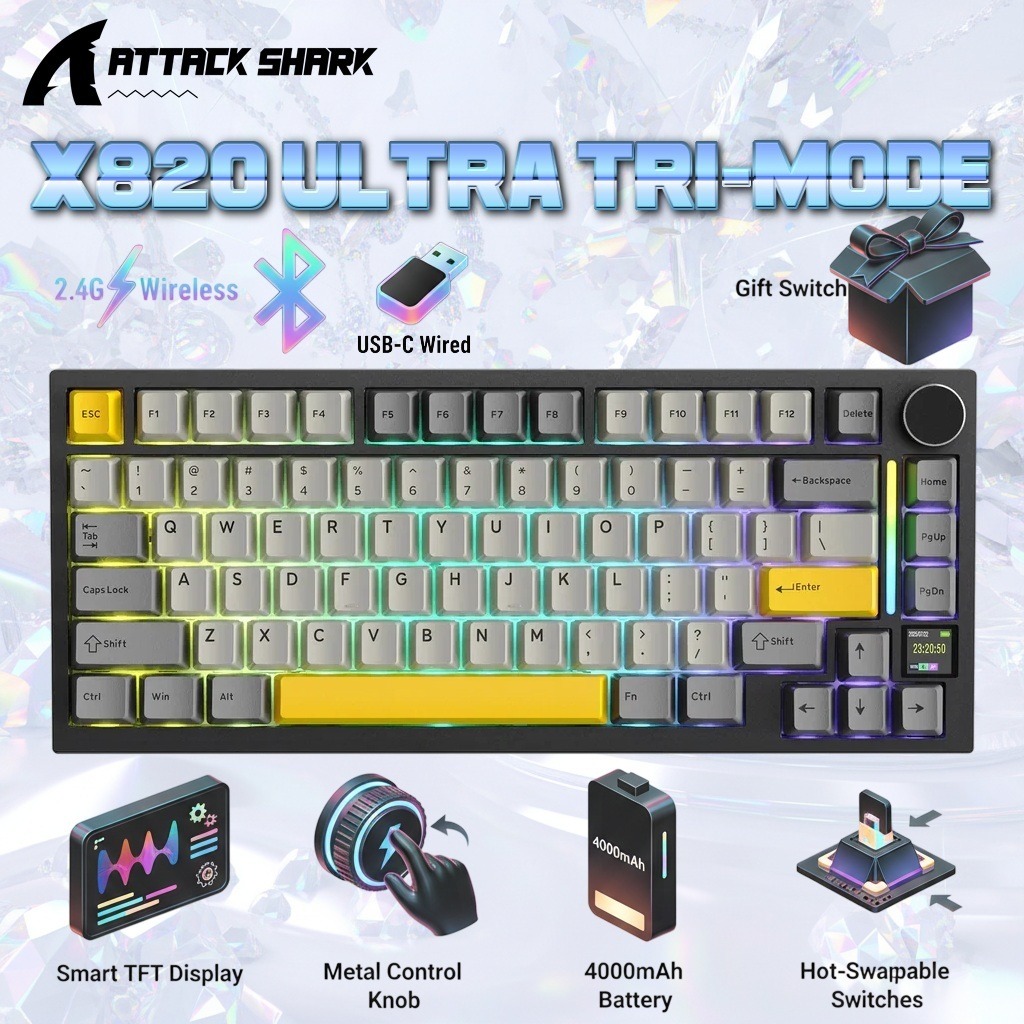 ATTACK SHARK X820 Ultra 75% Tri-Mode Gasket Mechanical Keyboard With Smart TFT Display, Metal Knob, Hot-Swappable Linear "GIFT" Switches, 4000mAh Battery, And RGB Backlight | Star Black
