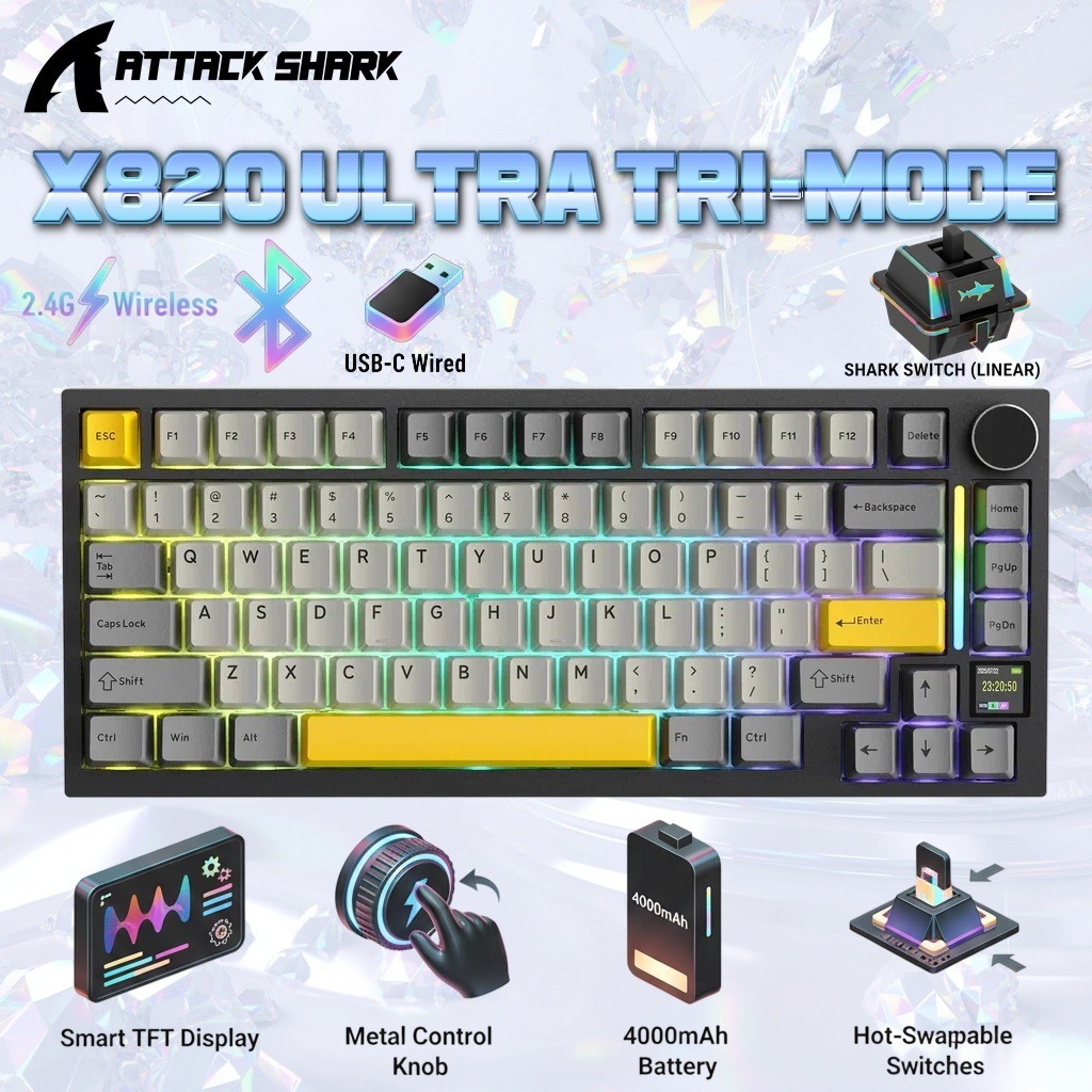 ATTACK SHARK X820 Ultra 75% Tri-Mode Gasket Mechanical Keyboard With Smart TFT Display, Metal Knob, Hot-Swappable Linear "SHARK" Switches, 4000mAh Battery, And RGB Backlight | Star Black