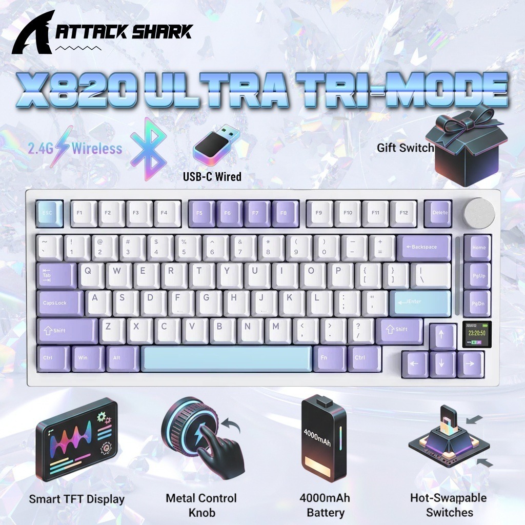 ATTACK SHARK X820 Ultra 75% Tri-Mode Gasket Mechanical Keyboard With Smart TFT Display, Metal Knob, Hot-Swappable Linear "GIFT" Switches, 4000mAh Battery, And RGB Backlight | Star White