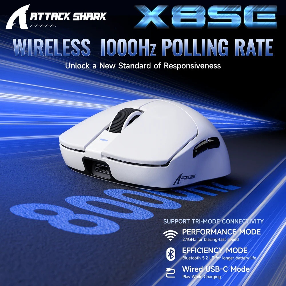 ATTACK SHARK X8SE Wireless Gaming Mouse With PAW3311 Sensor, 25,000 DPI, 1000Hz Polling Rate, Tri-Mode Connectivity, And 500mAh Battery | WHITE