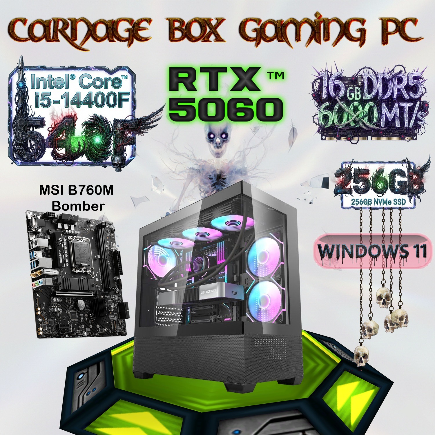 Custom Gaming PC With Intel Core i5-14400F, RTX 5060 8GB GDDR7, 16GB DDR5 6000MHz, 256GB NVMe SSD, B760M Motherboard, 650W Gold PSU, And ARGB Airflow Case