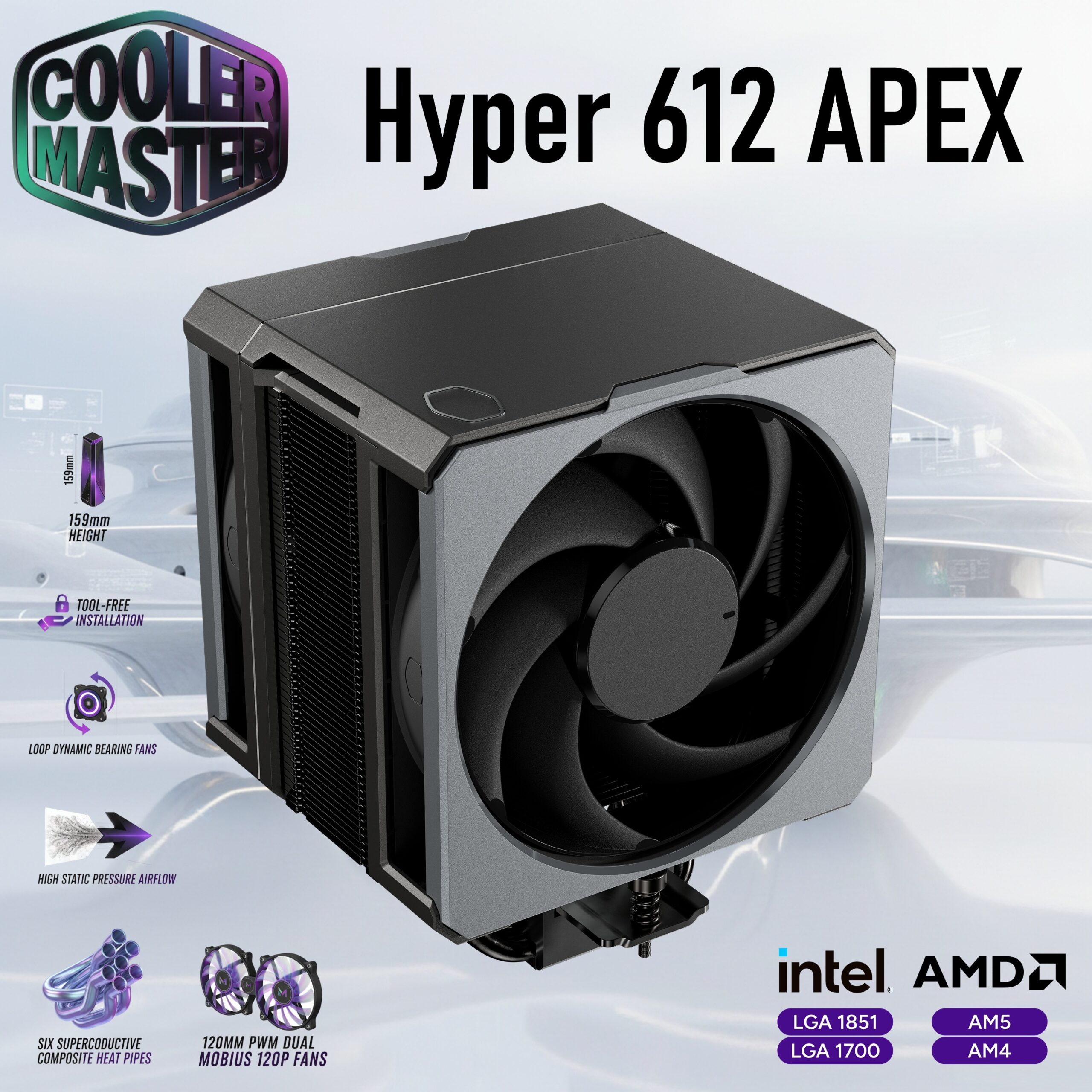 Cooler Master Hyper 612 APEX CPU Air Cooler With Six Superconductive Composite Heat Pipes, Dual Mobius 120P PWM Fans, 159mm Height, AM5 And LGA 1851 Support | Graphite Black 