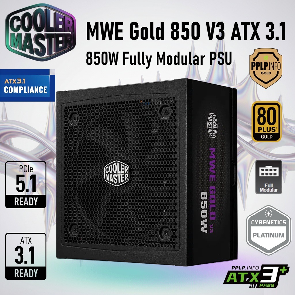 Cooler Master MWE Gold 850 V3  850W Fully Modular Power Supply With 80 Plus Gold Efficiency, ATX 3.1 / PCIe 5.1 ,  12V-2x6 PCIe 5.1 Cable, Zero-RPM Fan Mode | BLACK 