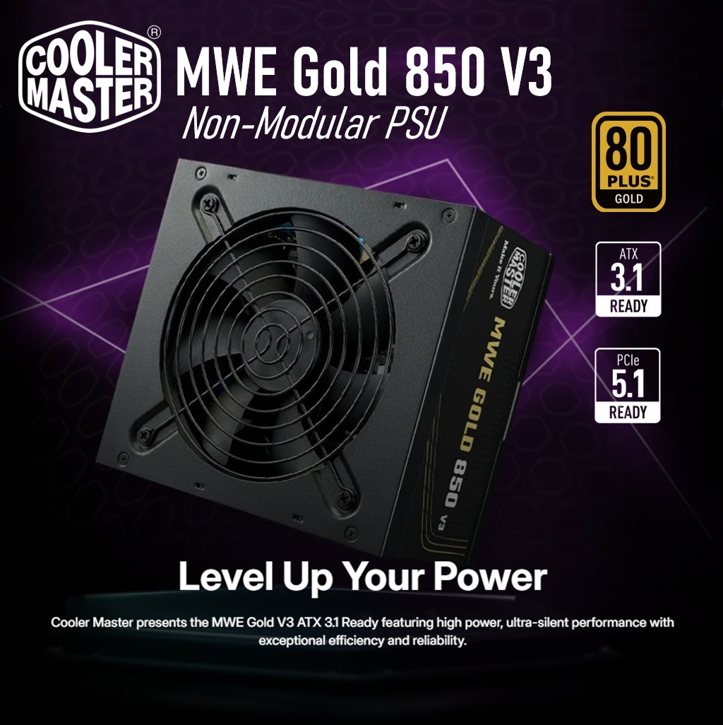 Cooler Master MWE Gold 850 V3 Non-Modular 850W Power Supply With 80 Plus Gold Efficiency, ATX 3.1 / PCIe 5.1, DC-to-DC Design, Dual EPS Connectors, 12V-2x6 Support, Quiet HDB Fan | BLACK