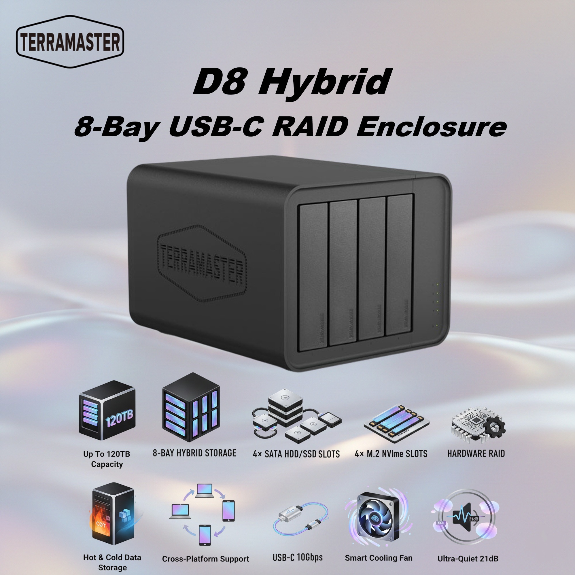 TerraMaster D8 Hybrid 8-Bay USB-C RAID Enclosure With 4× SATA HDD/SSD + 4× M.2 NVMe, Hardware RAID, 10Gbps USB 3.2 Gen2, Up To 120TB Capacity 