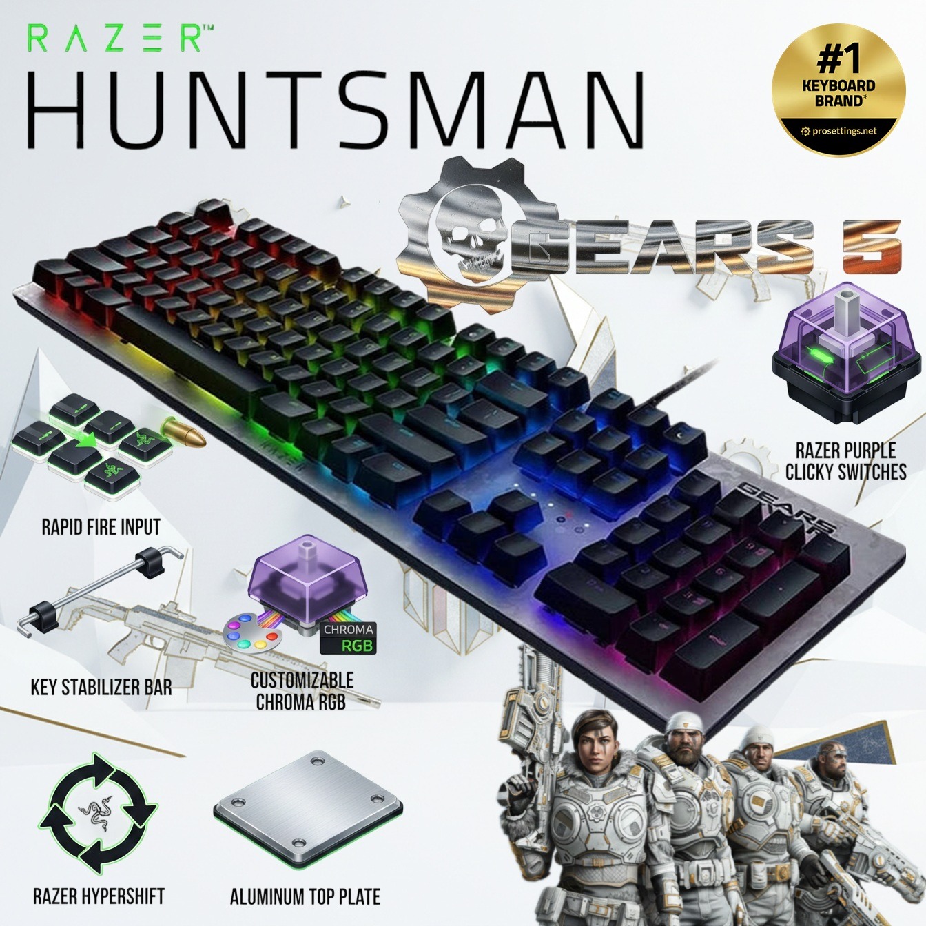 Razer Huntsman Gears 5 Edition Full-Size Wired Gaming Keyboard With RGB Lighting Optical Razer Purple Clicky Switches 10-Key Rollover Aluminum Top Plate