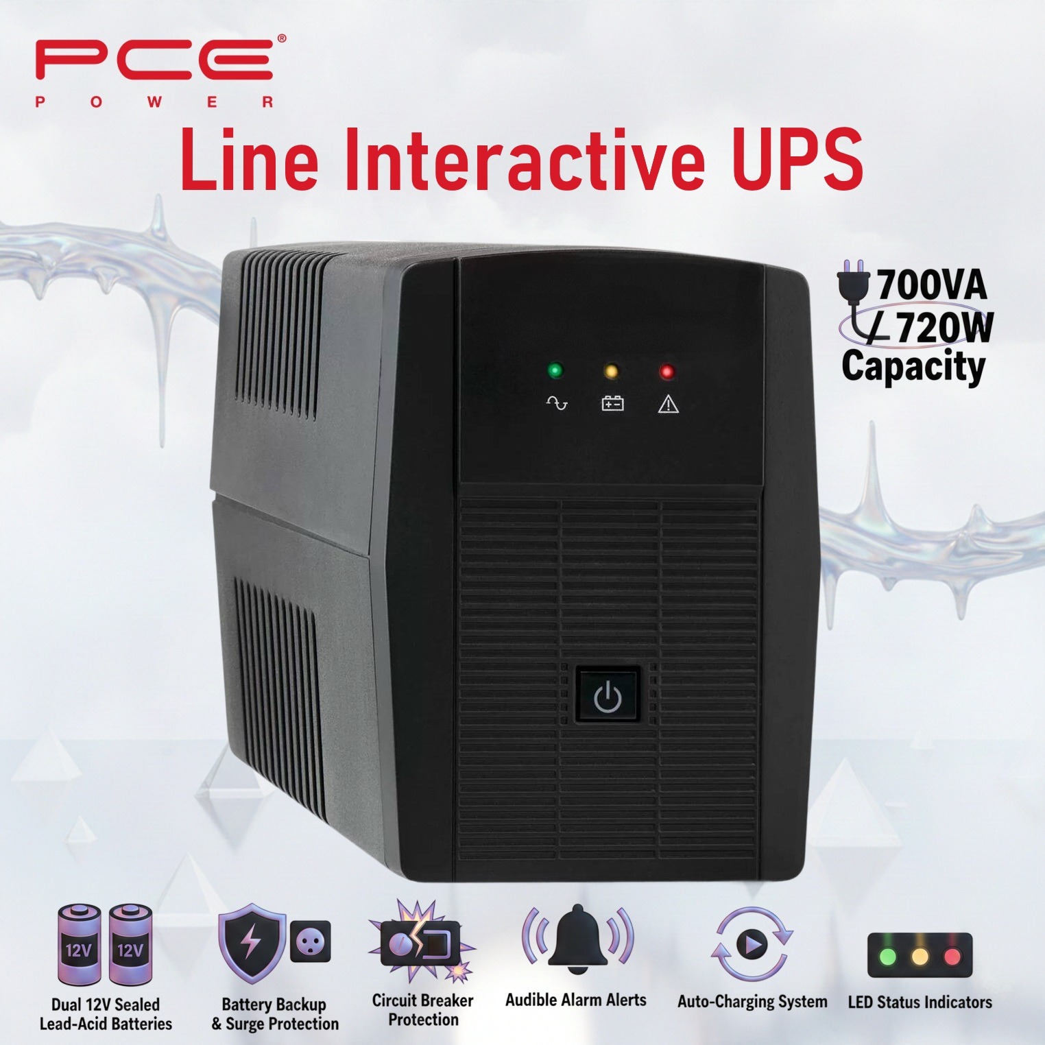 PCE V8 1700VA 720W Line Interactive UPS : Battery Backup & Surge Protection,  Dual 12V Sealed Lead-Acid Batteries,  LED Indicators, Auto Restart , Surge Protection 