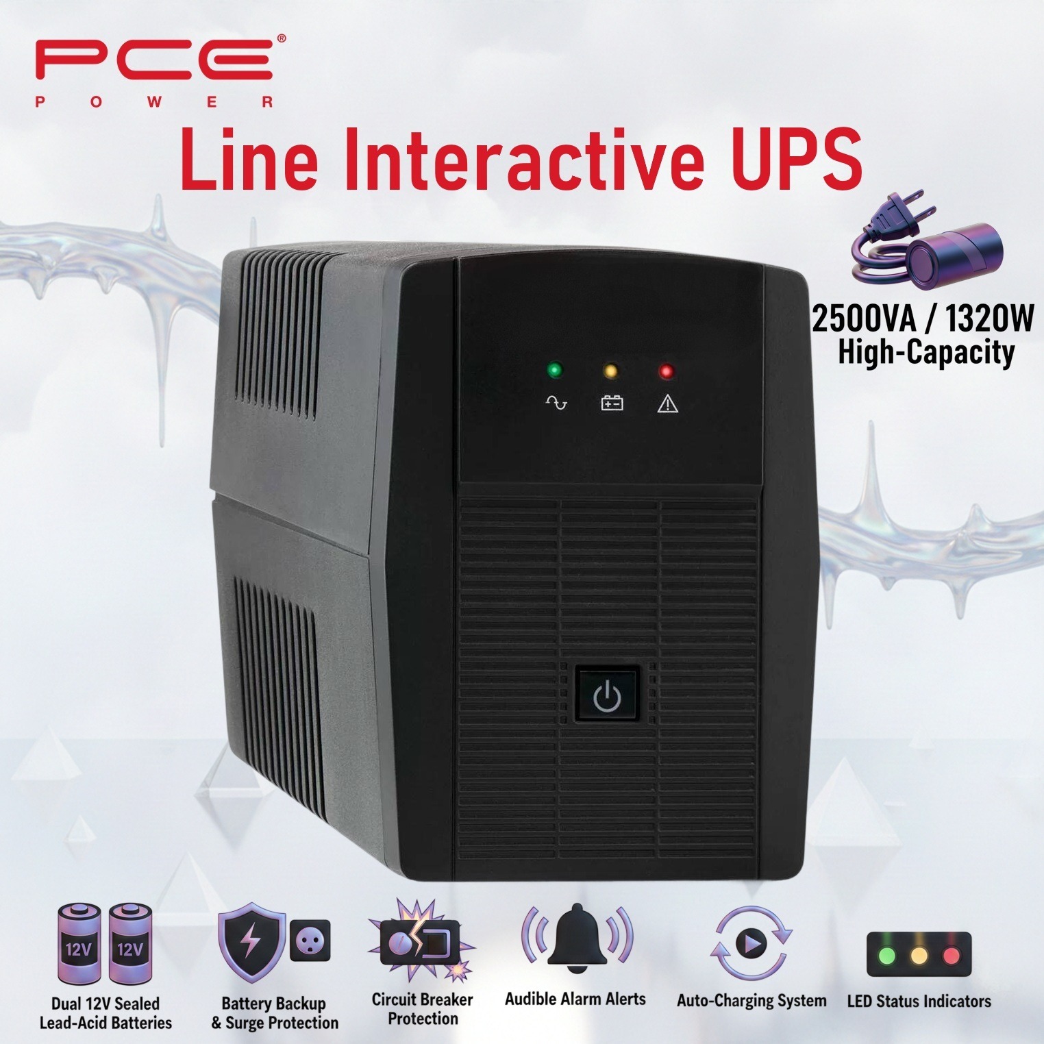 PCE V8 2500VA 1320W Line Interactive UPS : Battery Backup & Surge Protection,  Dual 12V Sealed Lead-Acid Batteries,  LED Indicators, Auto Restart , Surge Protection