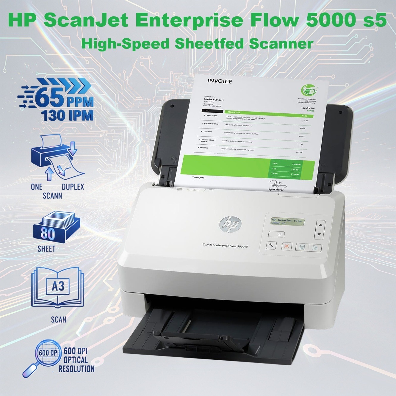 HP ScanJet Enterprise Flow 5000 s5 High-Speed Sheetfed Scanner With One-Pass Duplex Scanning, 80-Sheet ADF, 7,500-Page Duty Cycle, 600 DPI , 65 PPM / 130 IPM , A3 Folio Scanning Mode, USB 3.0 Connectivity