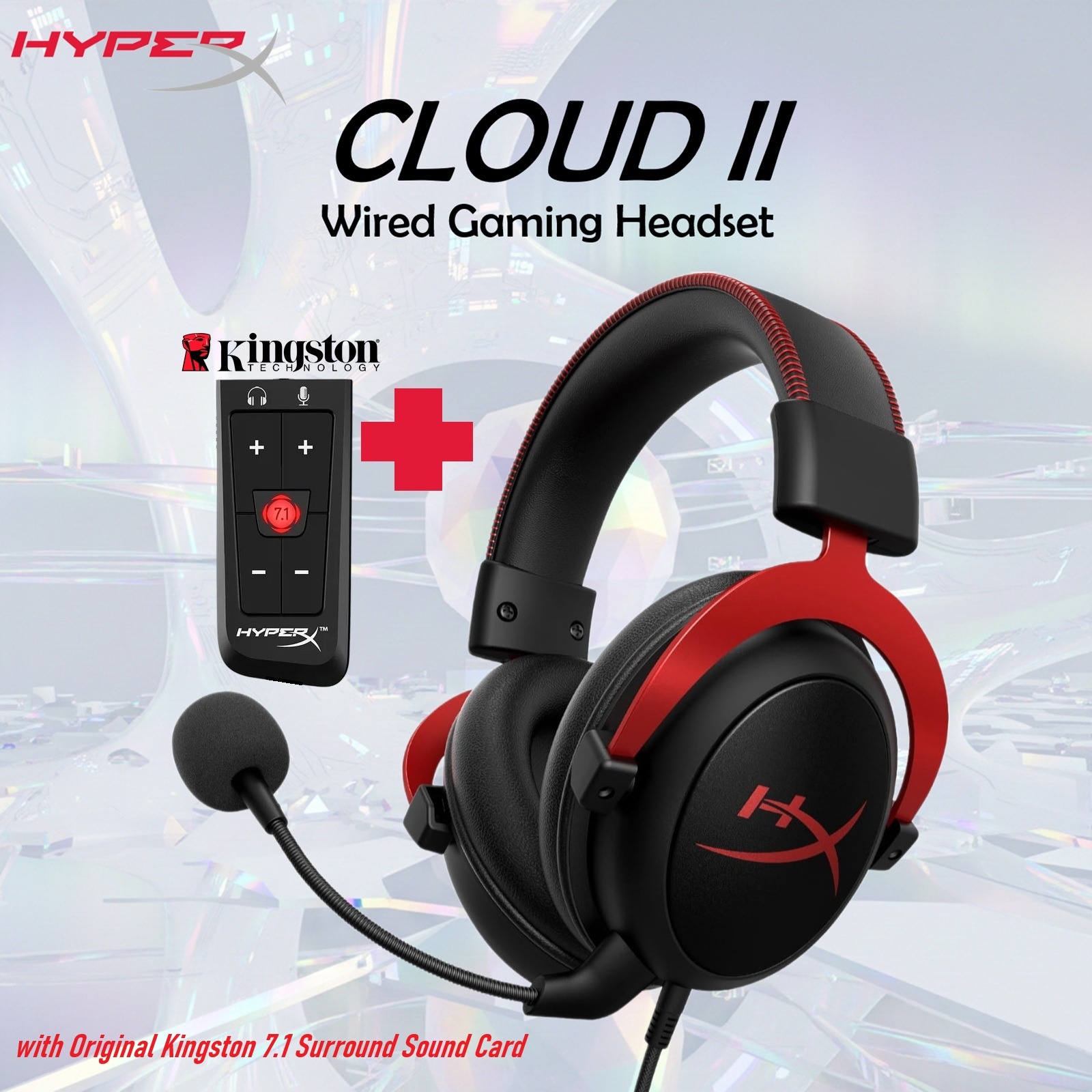 HyperX Cloud II Wired Gaming Headset 53mm Drivers USB 7.1 Surround Sound Passive Noise Cancellation Detachable Mic Aluminum Frame Over-Ear
