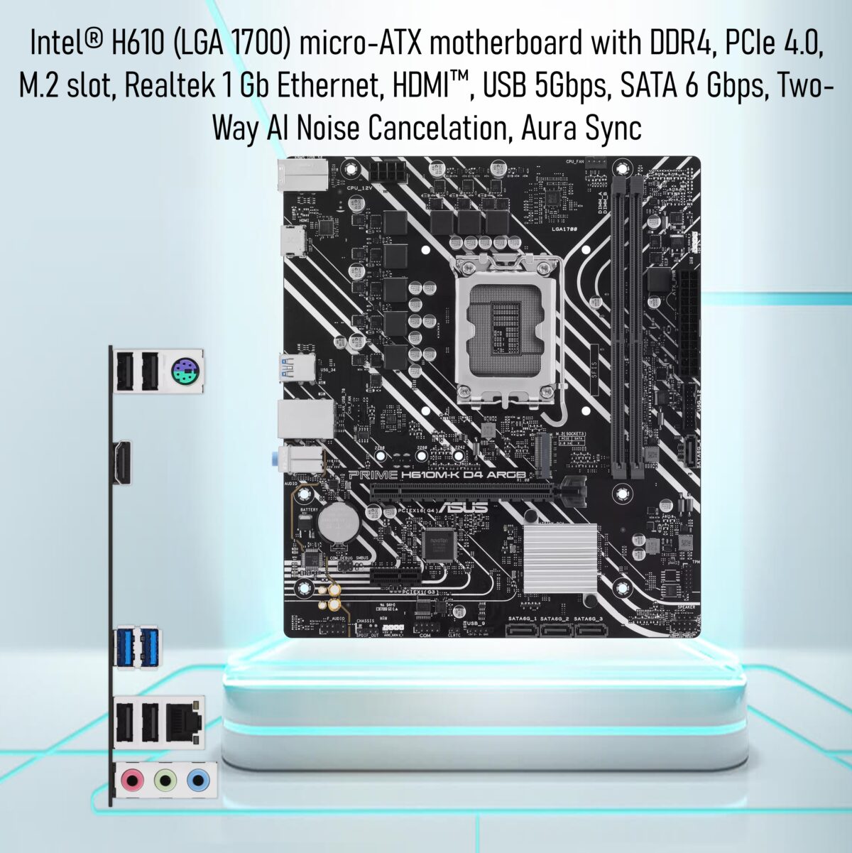 ASUS PRIME H610M-K D4 ARGB micro-ATX DDR4 Motherboard , LGA1700 , PCIe 4.0, M.2 slot, Realtek 1 Gb Ethernet, SATA 6 Gbps, AI Noise Cancelation, Aura Sync , for Intel® Core 12th / 13th / 14th Gen 