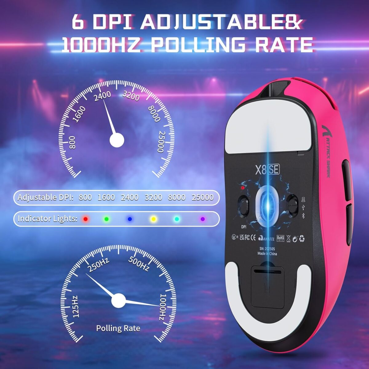 ATTACK SHARK X8SE Wireless Gaming Mouse With PAW3311 Sensor, 25,000 DPI, 1000Hz Polling Rate, Tri-Mode Connectivity, And 500mAh Battery | Berry Red