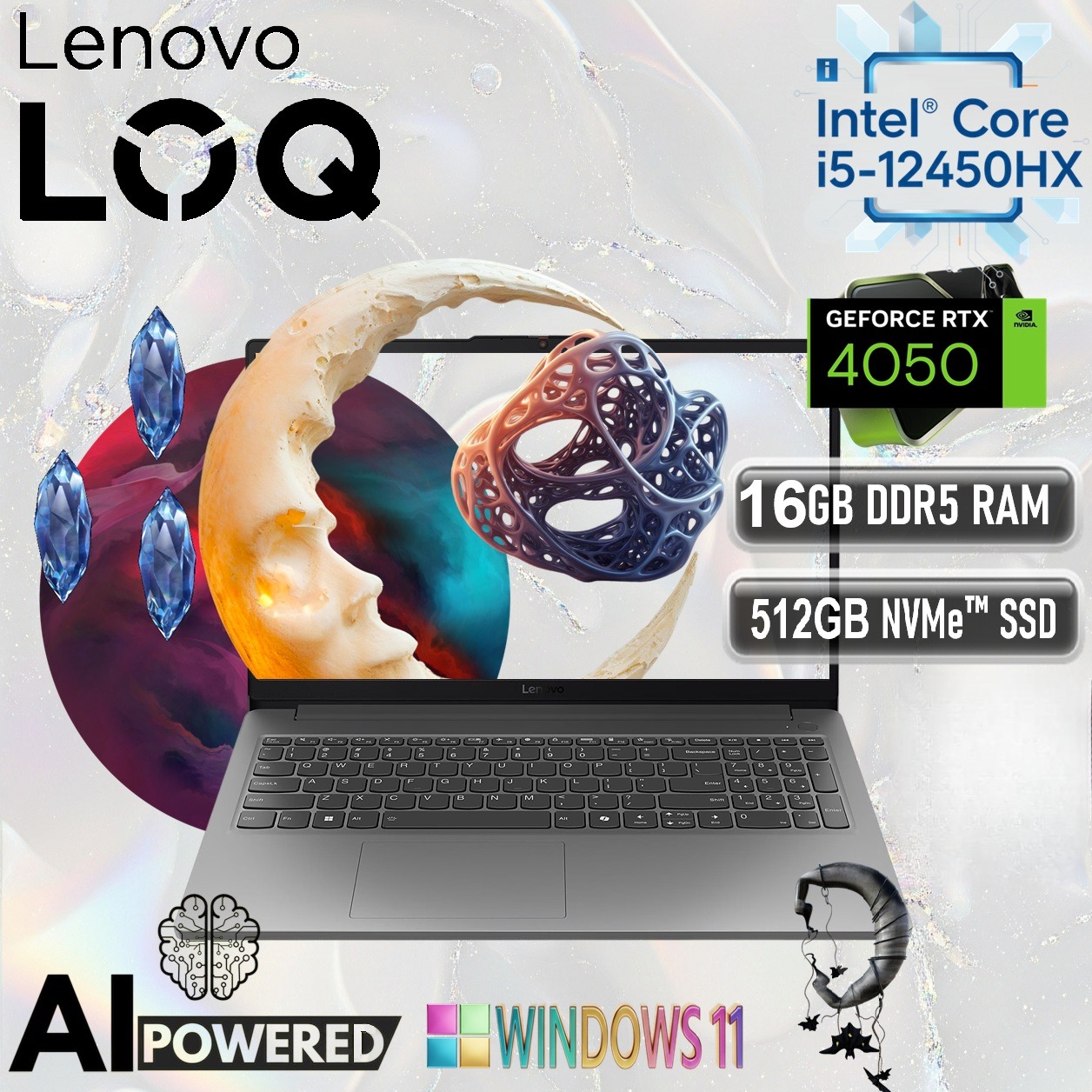 LENOVO AI PC LOQ 15IAX9E Intel® Core i5-12650HX | 16GB DDR5 RAM ; 512GB SSD NVMe® | RTX 4050 6GB | 15.6 inch IPS FHD Display 144Hz | Windows® 11 |Luna Grey