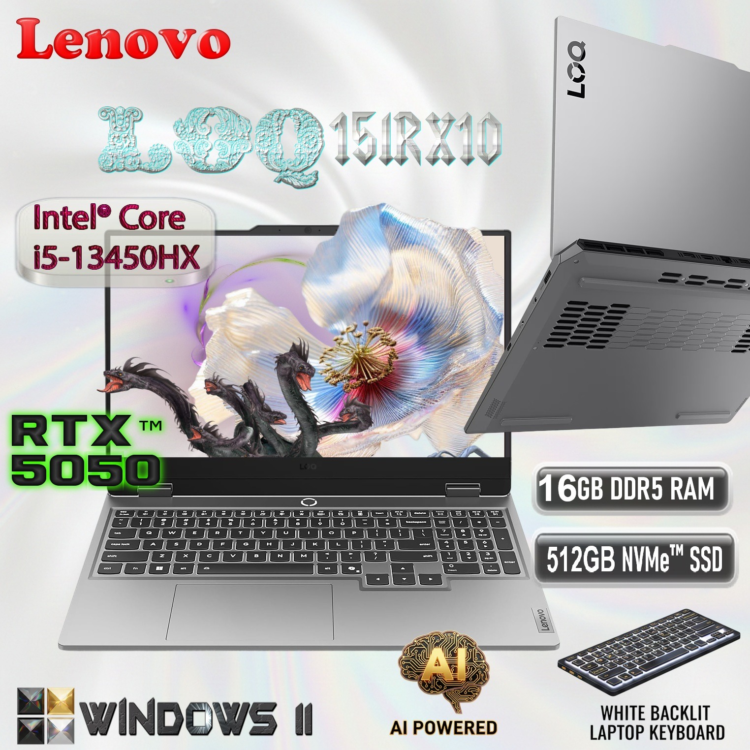 Lenovo LOQ 15IRX10 Gaming Laptop With Intel Core i5-13450HX, NVIDIA GeForce RTX 5050 8GB GDDR7, 15.6″ FHD 144Hz 100% sRGB Display, AI Chip LA1, And G-SYNC Support