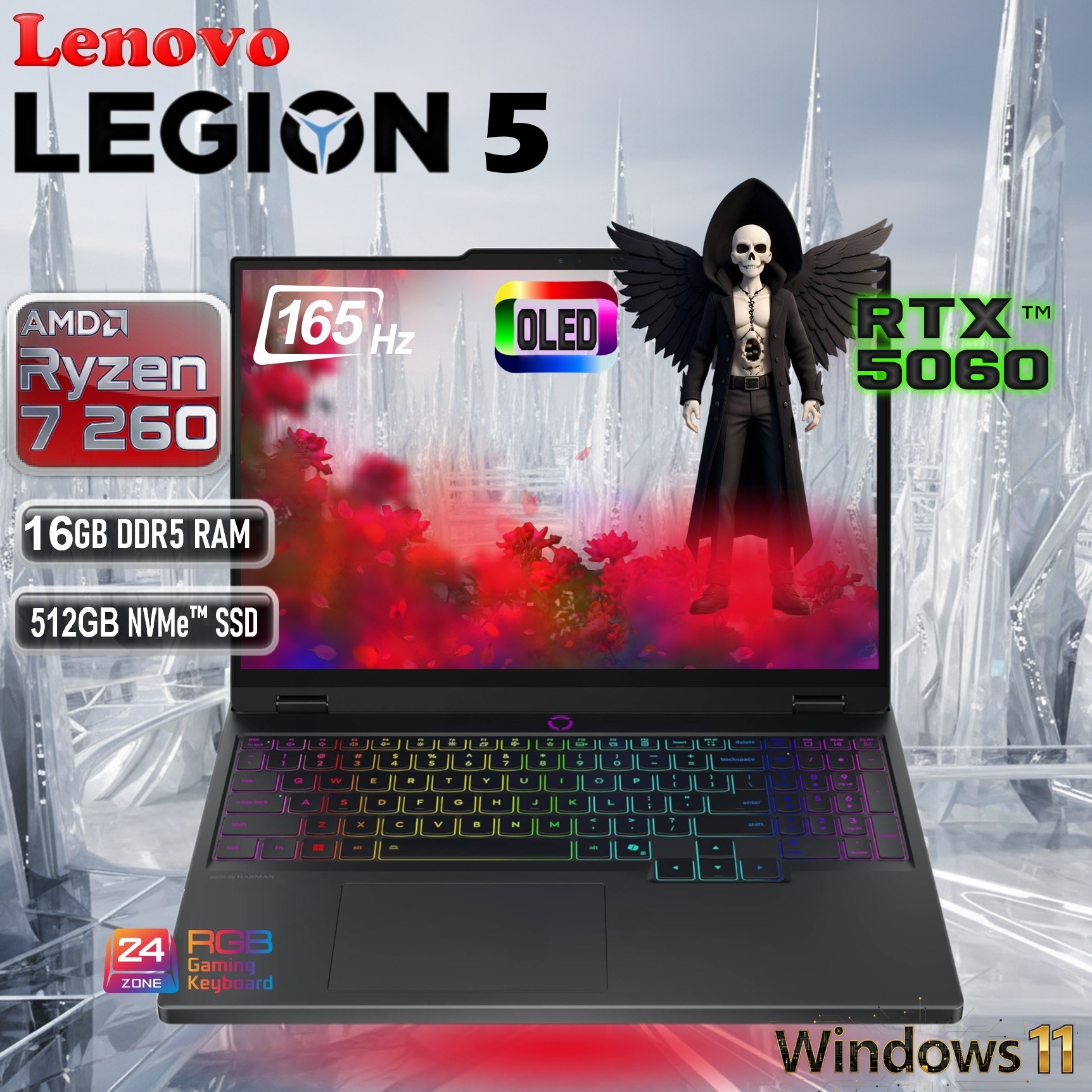 Lenovo Legion 5 15AHP10 AI-Powered : AMD Ryzen 7 260 | 16GB DDR5 RAM ; 512GB NVMe SSD | RTX 5060 (8GB) | 15.1-inch WQXGA OLED 165Hz Display | 24-Zone RGB Backlit Keyboard | Windows® 11 | Eclipse Black