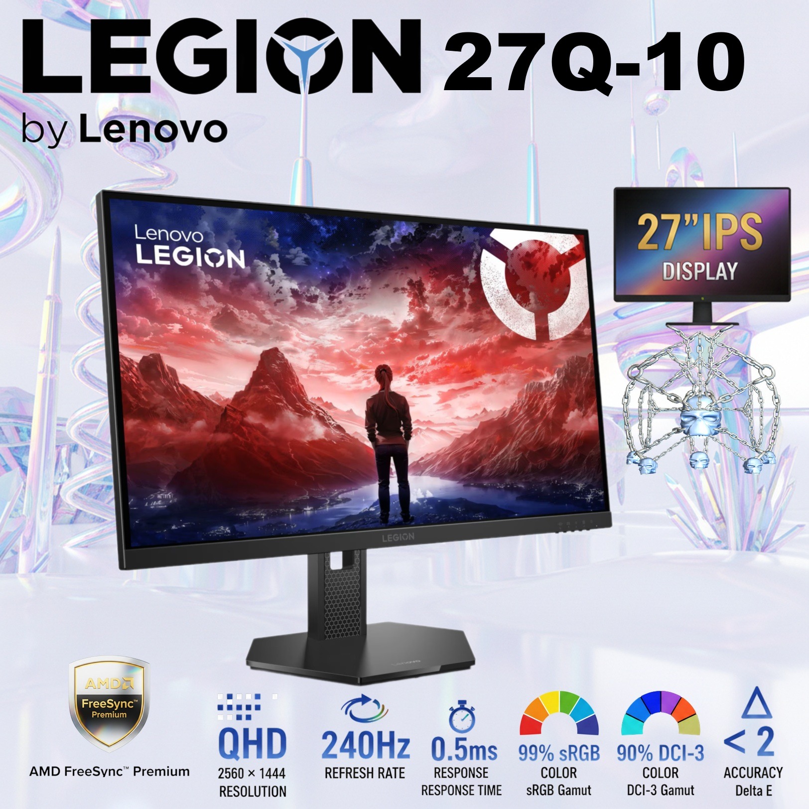 Lenovo Legion 27Q-10 27-inch IPS QHD 240Hz Gaming Monitor , 0.5ms MPRT, FreeSync Premium, G-SYNC Compatible, 99% sRGB , HDR10 Compliance , Tilt - Swivel - Height Adjustable | 68C6GAC4EU