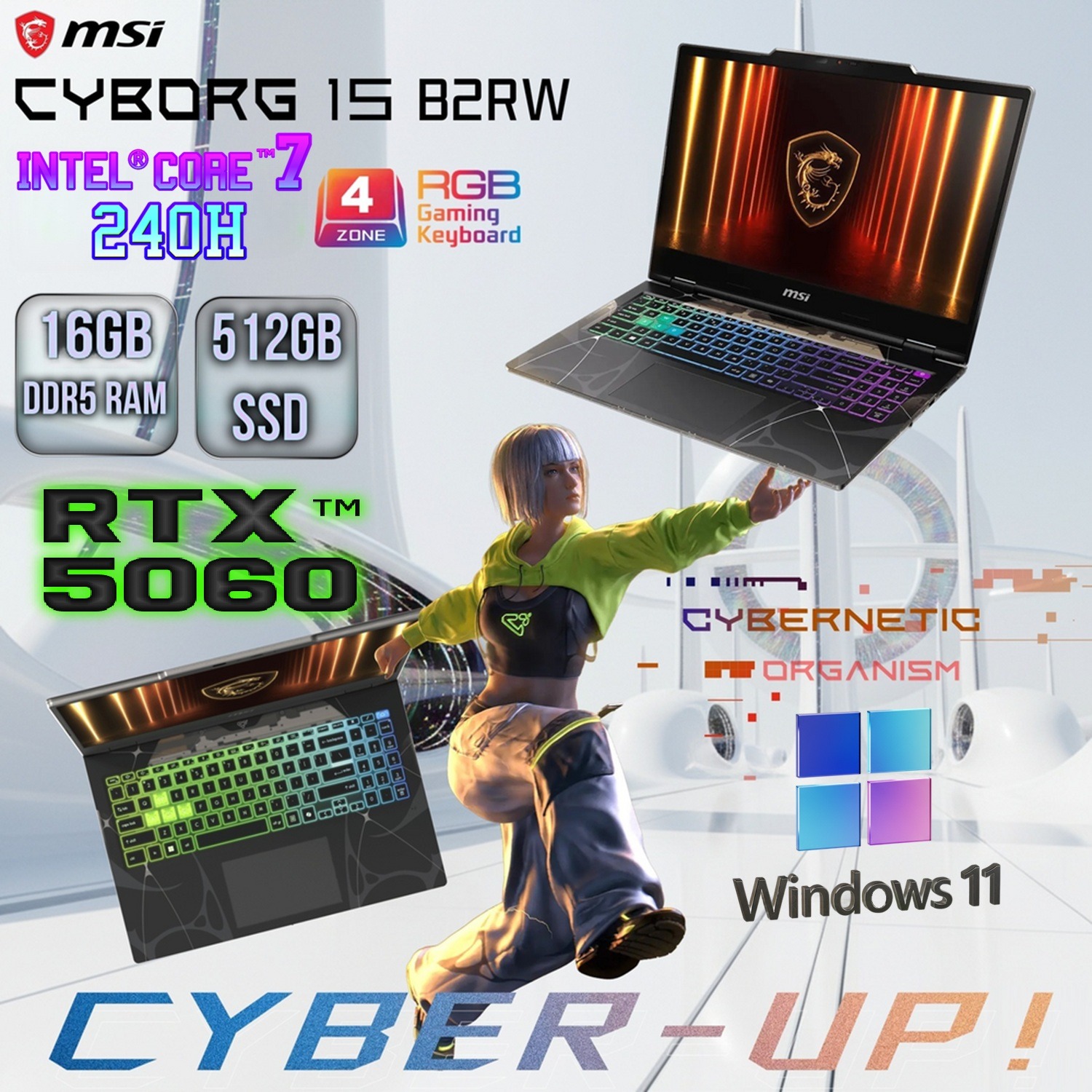 MSI CYBORG 15 B2RWEKG Intel® Core 7 240H | 16GB DDR5 RAM ; 512GB SSD NVMe | RTX 5060 (8GB) | 15.6-inch FHD 144Hz IPS-Level | 4-Zone RGB Keyboard | Windows 11 | Odyssey Grey 