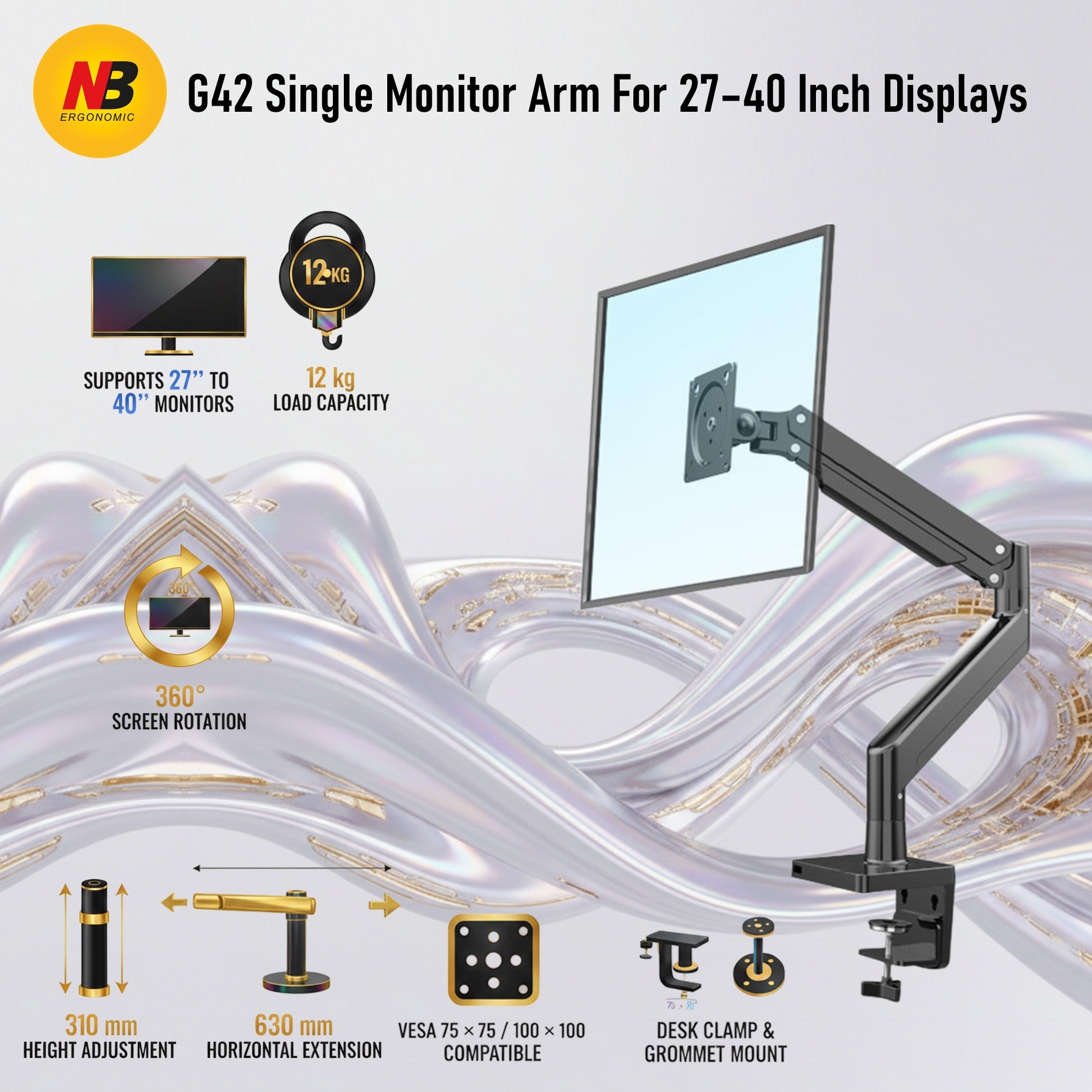 North Bayou G42 Single Monitor Arm For 27–40 Inch Displays With 12kg Load Capacity, 630mm Extension, 310mm Height Lift, Full Motion 360° Rotation, VESA Mount , Aluminum Alloy & Steel Build | BLACK