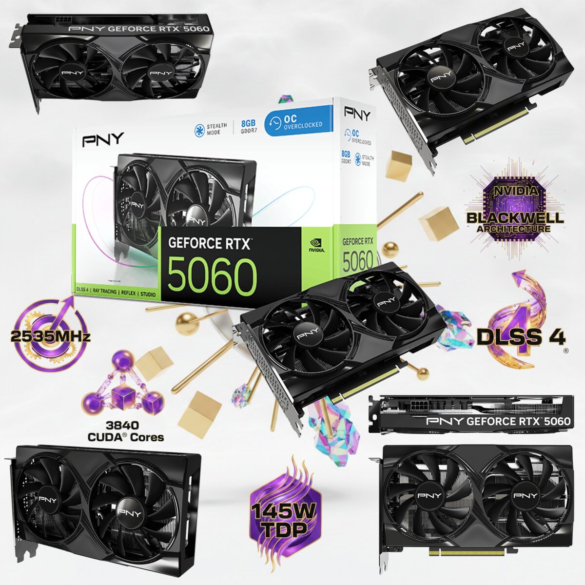 PNY GeForce RTX 5060 OC 8GB GDDR7  Dual Fan Graphics Card - NVIDIA Blackwell Architecture, DLSS 4, PCIe 5.0, 3840 CUDA® Cores , 2535MHz Boost Clock , And Compact Dual-Slot Design | STEALTH BLACK ~ VCG50608DFXPB1-O