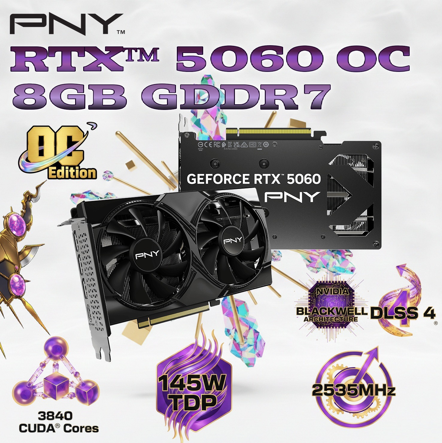 PNY GeForce RTX 5060 OC 8GB GDDR7  Dual Fan Graphics Card - NVIDIA Blackwell Architecture, DLSS 4, PCIe 5.0, 3840 CUDA® Cores , 2535MHz Boost Clock , And Compact Dual-Slot Design | STEALTH BLACK ~ VCG50608DFXPB1-O