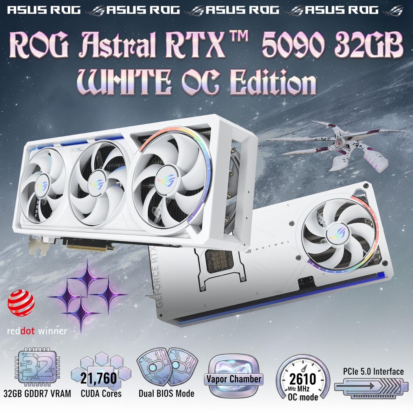 ASUS ROG Astral GeForce RTX 5090 32GB GDDR7 White OC Edition With Quad-Fan Cooling, PCIe 5.0 Interface, 2610 MHz OC Mode, 21760 CUDA Cores, 32GB GDDR7 Memory, And Advanced ROG Thermal Engineering