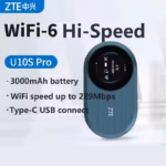 ZTE U10S Pro 4G LTE Wireless Mobile WiFi Router with Wi-Fi 6, Up to 287Mbps, 3000mAh Removable Battery, Type-C Charging, SIM Slot, Supports 32 Devices