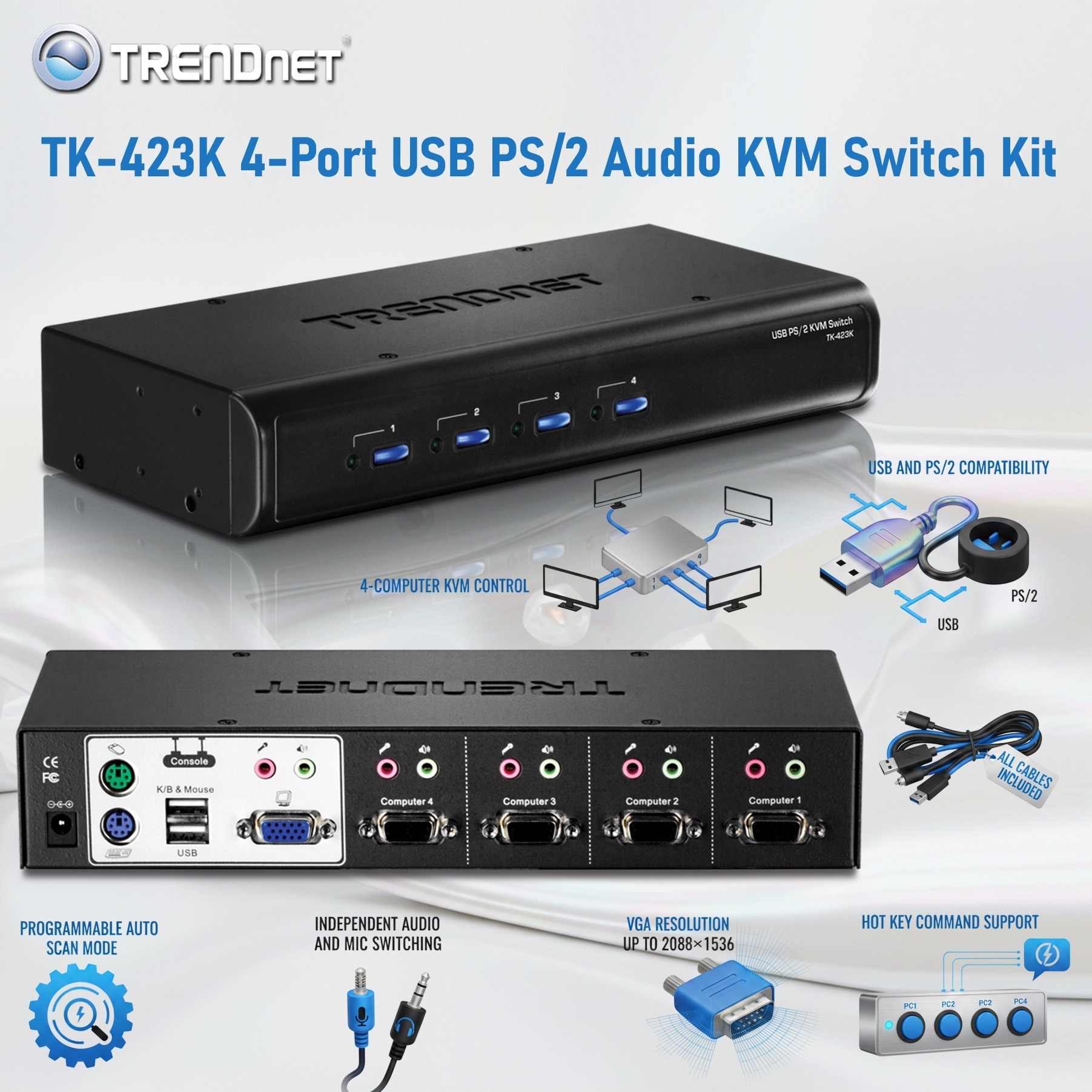 TRENDnet 4-Port USB PS/2 Audio KVM Switch Kit With VGA Support Up To 2048×1536, Independent Audio Switching, Manage 4 Computer, Hot Keys, 2-Way Audio, And Complete Cable Set | TK-423K 