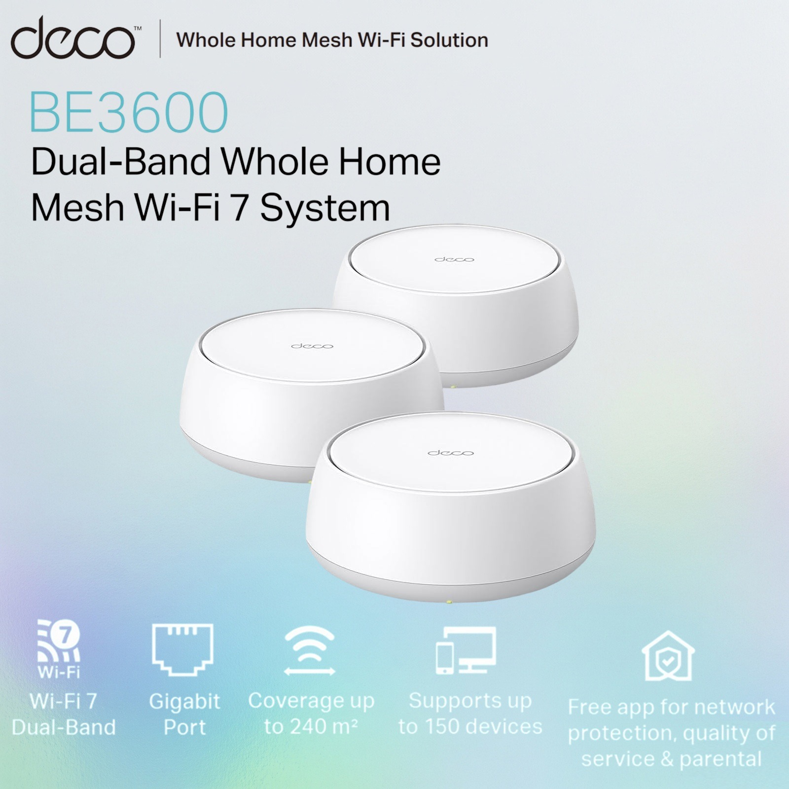 TP-Link Deco BE22 BE3600 Dual-Band Whole Home Mesh Wi-Fi 7 System With MLO, 2882 Mbps 5GHz + 688 Mbps 2.4GHz, Gigabit Ports, HomeShield Security | 3 PACK