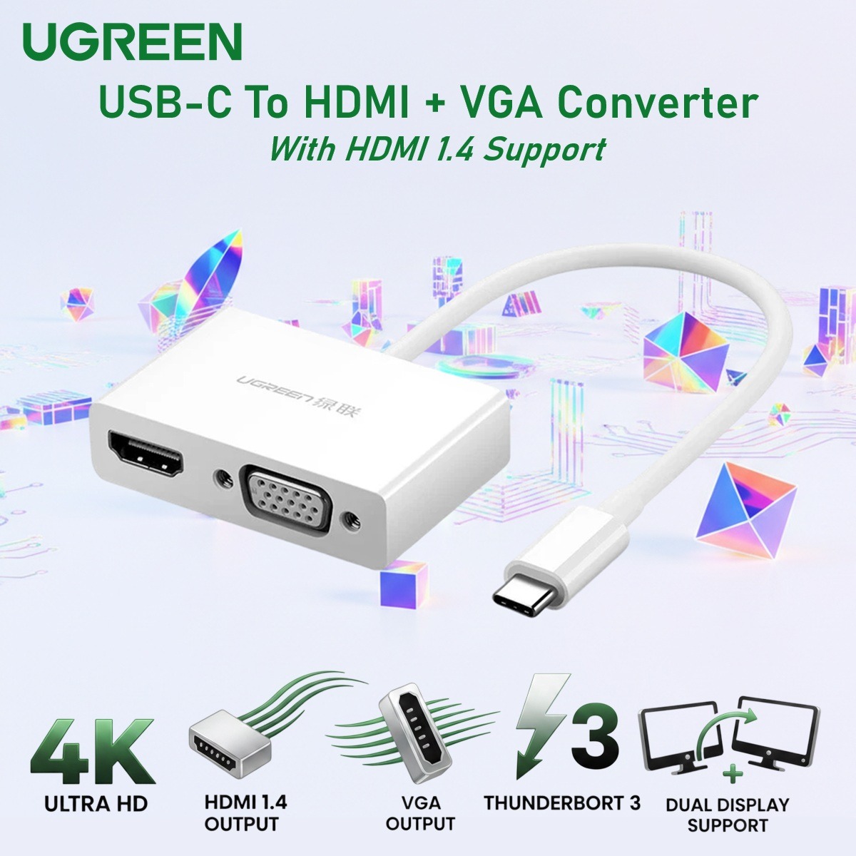 UGREEN USB-C To HDMI + VGA Converter With HDMI 1.4 Support, Dual Display Output, Scratch-Resistant ABS Housing, 15cm Cable, Plug And Play Design | MM123-30843