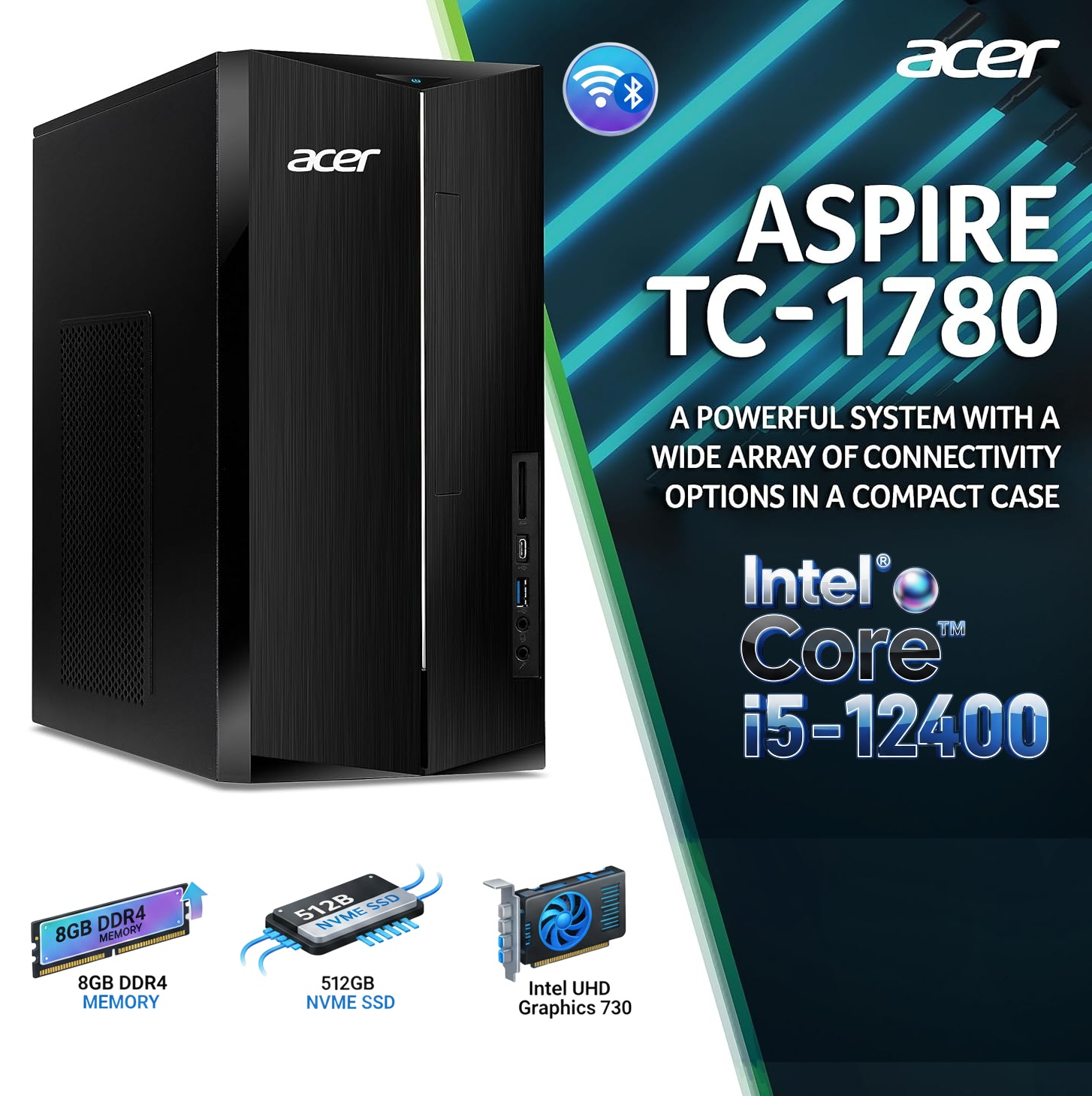 Acer Aspire TC-1760 Desktop :  Intel® Core i5-12400 | 8GB DDR4 RAM , 512GB NVMe SSD | Intel UHD Graphics 730, WiFi, Bluetooth, Dual HDMI, DVD Writer | USED