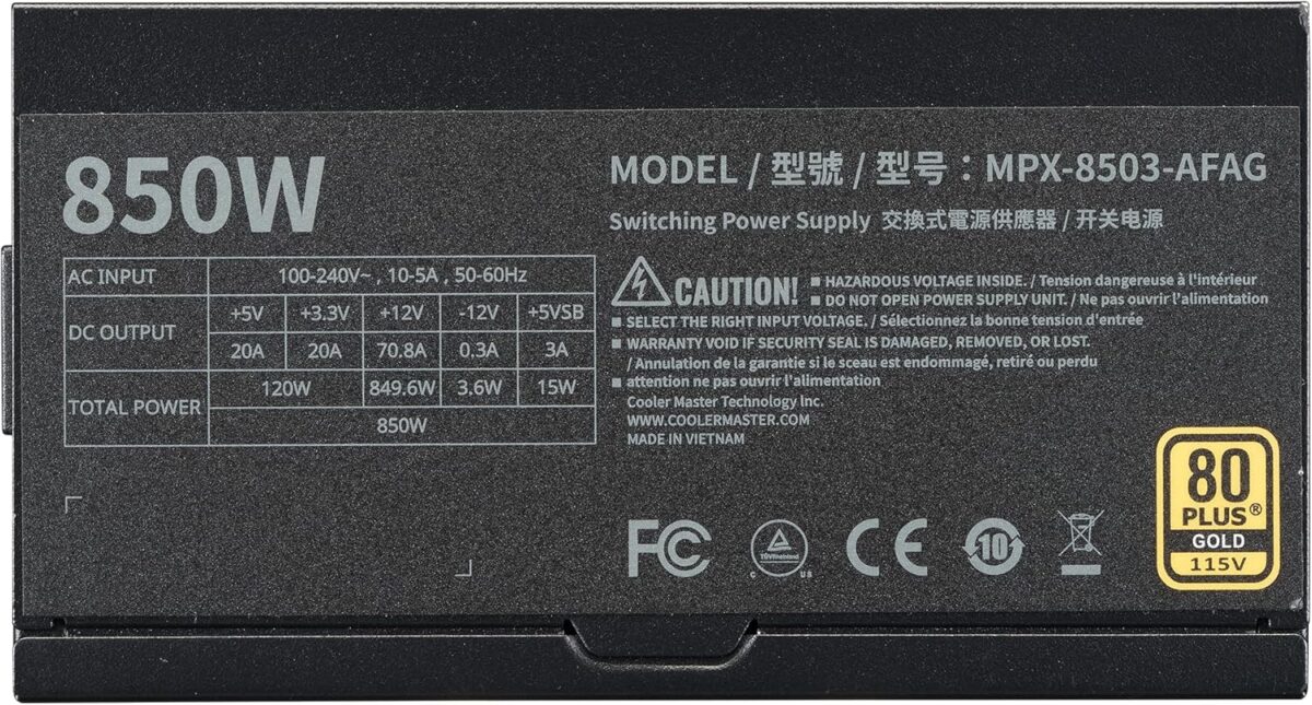 Cooler Master MWE Gold 850 V3  850W Fully Modular Power Supply With 80 Plus Gold Efficiency, ATX 3.1 / PCIe 5.1 ,  12V-2x6 PCIe 5.1 Cable, Zero-RPM Fan Mode | BLACK 