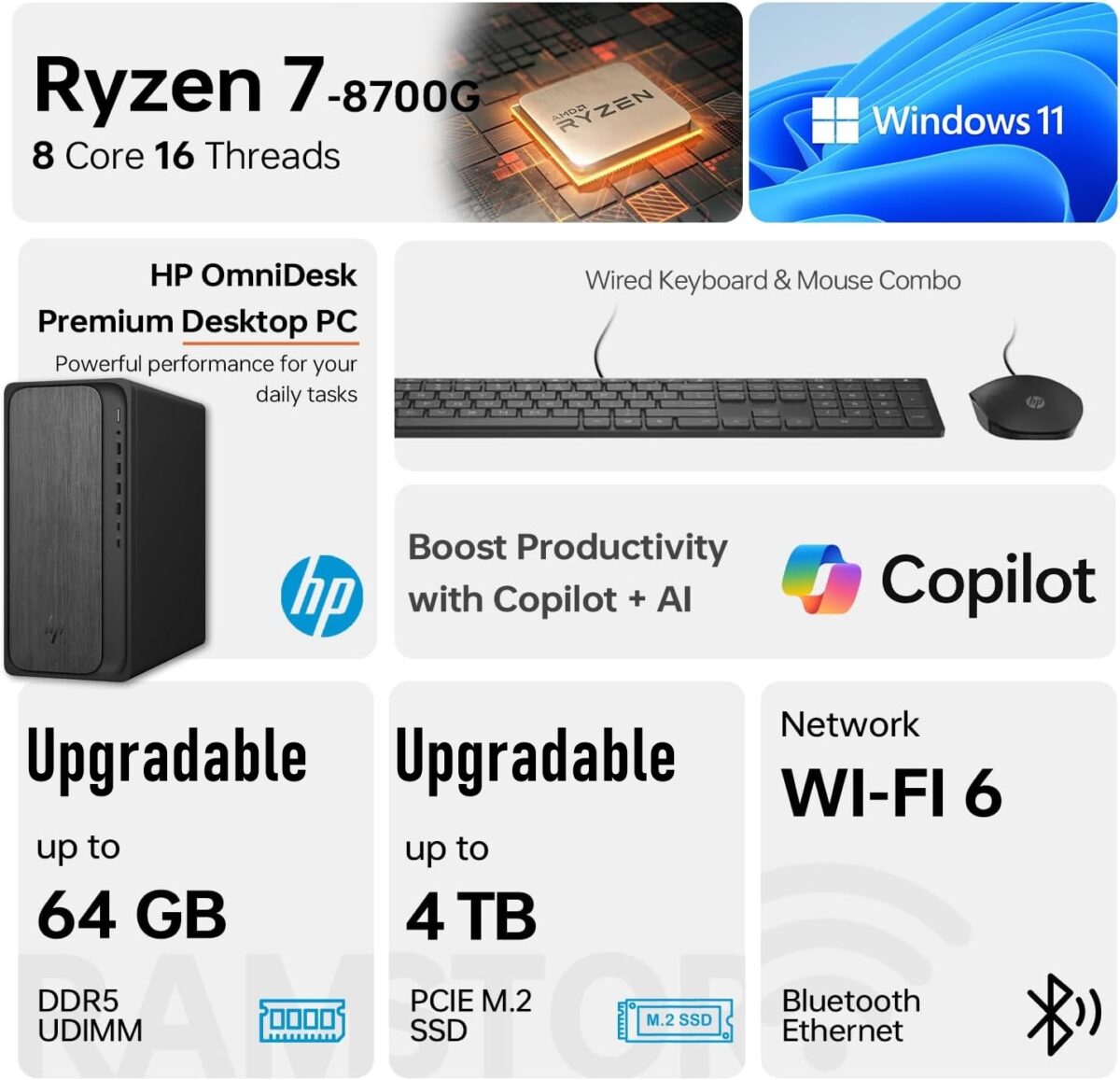 HP OmniDesk Desktop :  AMD Ryzen 7 8700G | 32GB DDR5 RAM ; 1TB NVMe SSD | AMD Radeon Graphics | Windows 11 | HP 510SP Black Wireless Keyboard & Mouse Combo | Slate Black  ~ M02-0127c 