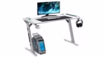 Z8-140 Z-Shaped RGB WHITE Gaming Desk – 140×60×73 cm Carbon-Fibre Surface, Dual Cable Grommets, Cup & Headphone Holders, Steel Frame Stability, Customizable RGB Edge Lighting
