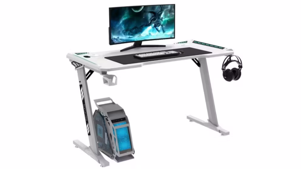 Z8-140 Z-Shaped RGB WHITE Gaming Desk – 140×60×73 cm Carbon-Fibre Surface, Dual Cable Grommets, Cup & Headphone Holders, Steel Frame Stability, Customizable RGB Edge Lighting