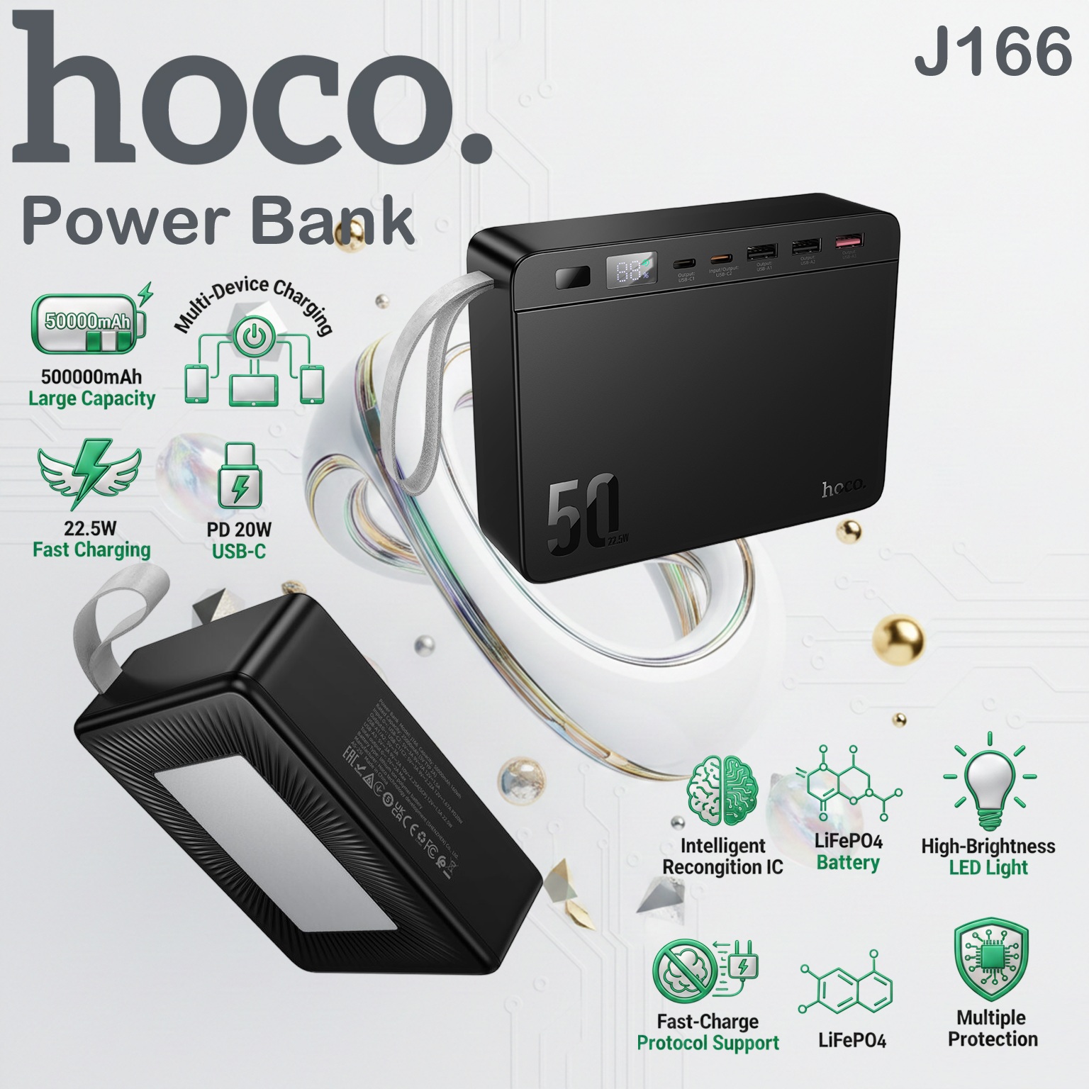 HOCO J166  50000mAh Carretera Power Bank With 22.5W Fast Charge, PD 20W USB-C, Multi-Port Output, LiFePO4 Battery, LED Lighting |  Black