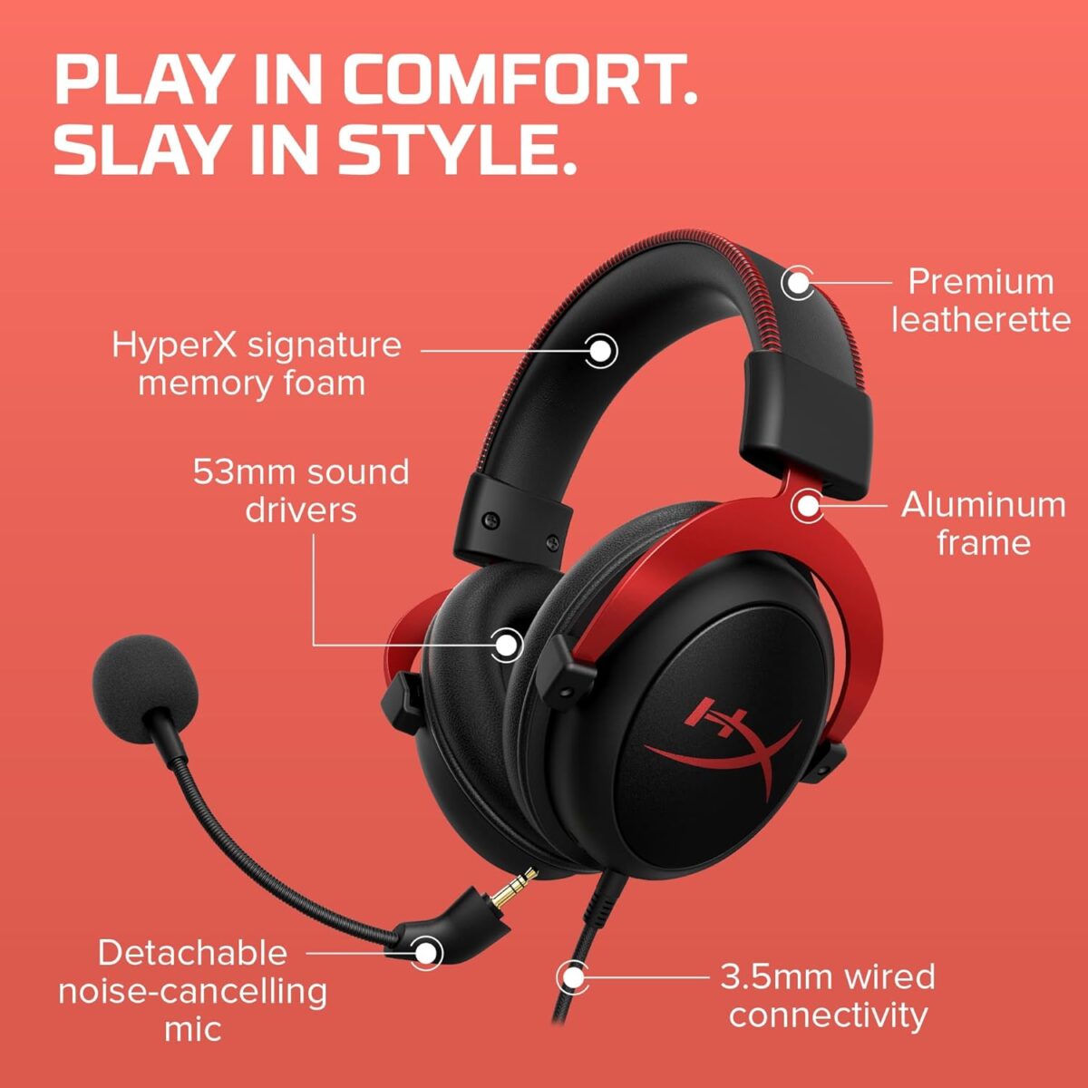 HyperX Cloud II Wired Gaming Headset 53mm Drivers USB 7.1 Surround Sound Passive Noise Cancellation Detachable Mic Aluminum Frame Over-Ear