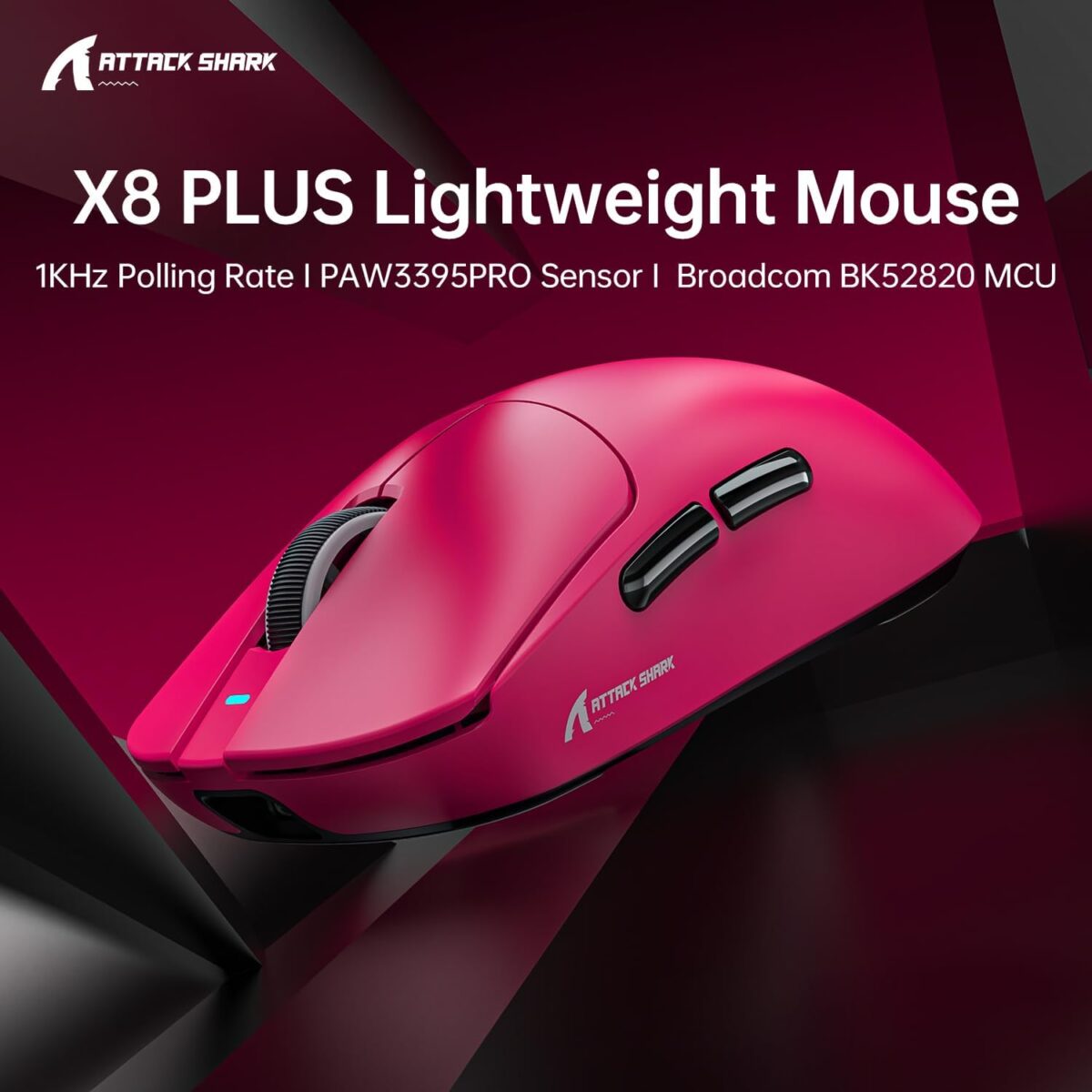 ATTACK SHARK X8 PLUS Wireless Gaming Mouse With PAW3395PRO Sensor, 40,000 DPI, 1K Polling Rate, Tri-Mode Connectivity, 55g SUPERLIGHT, Nano Ice-Feel Coating, And 800mAh Battery | Berry Red