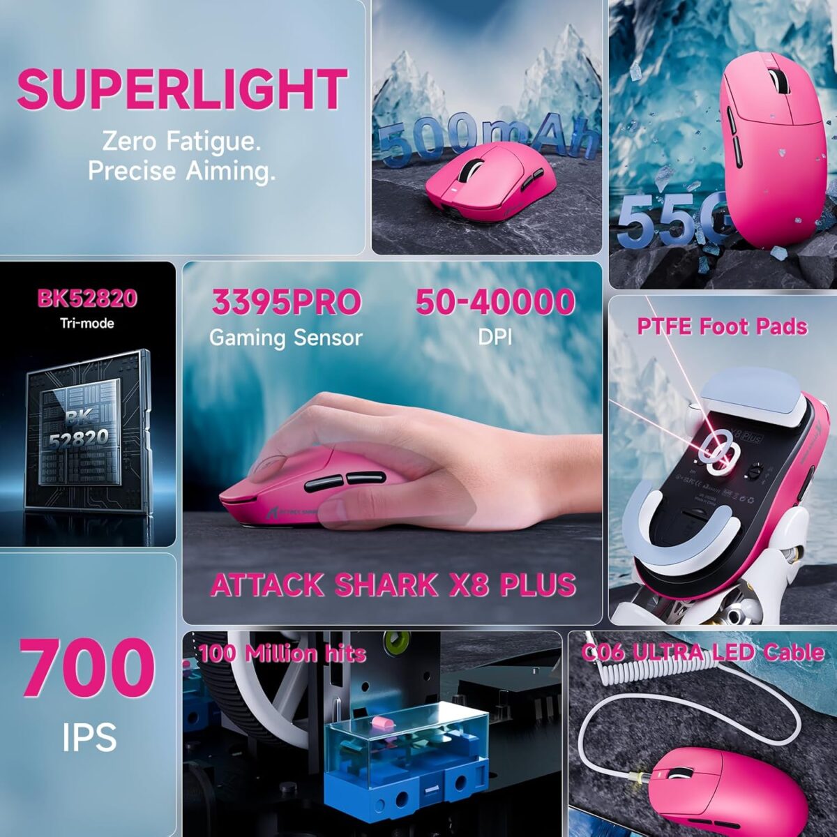 ATTACK SHARK X8 PLUS Wireless Gaming Mouse With PAW3395PRO Sensor, 40,000 DPI, 1K Polling Rate, Tri-Mode Connectivity, 55g SUPERLIGHT, Nano Ice-Feel Coating, And 800mAh Battery | Berry Red