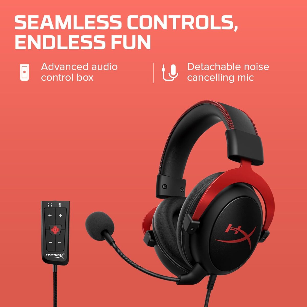 HyperX Cloud II Wired Gaming Headset 53mm Drivers USB 7.1 Surround Sound Passive Noise Cancellation Detachable Mic Aluminum Frame Over-Ear