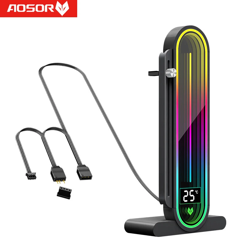 COOLMOON GH3 Pro 5V 3-Pin ARGB Aluminum Graphics Card Bracket With Smart Temperature Display, Infinity Lens Lighting, Magnetic Base, Adjustable Height Support | BLACK