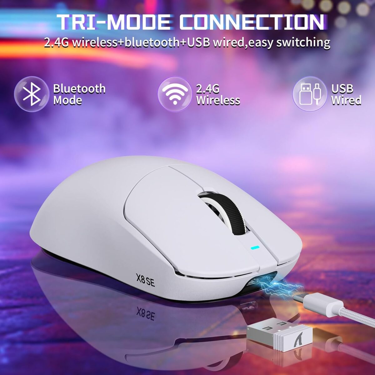 ATTACK SHARK X8SE Wireless Gaming Mouse With PAW3311 Sensor, 25,000 DPI, 1000Hz Polling Rate, Tri-Mode Connectivity, And 500mAh Battery | WHITE