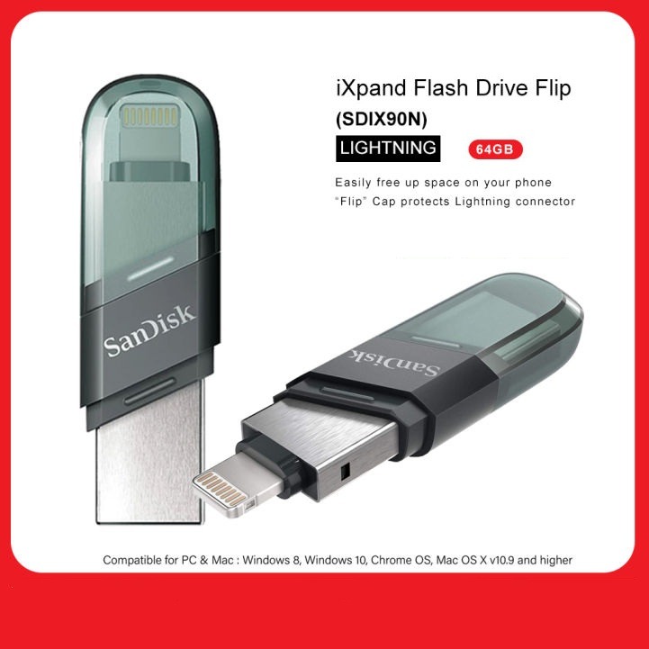 SanDisk iXpand Flash Drive Flip 64GB – Lightning + USB Type-A, USB 3.1 Gen 1, iPhone/iPad Storage Expansion (Sea Green)